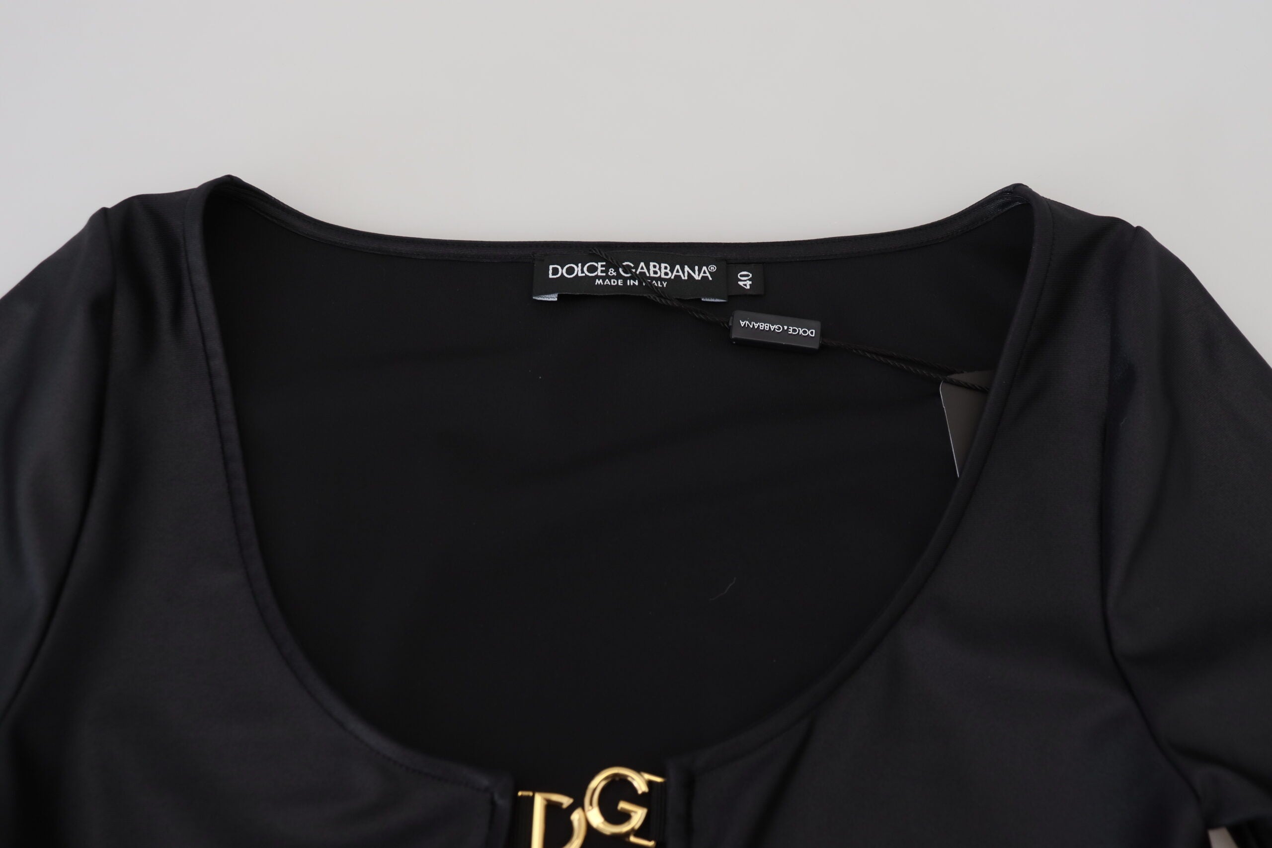 Zwarte katoenen stretch top met open borst en 3/4 mouwen