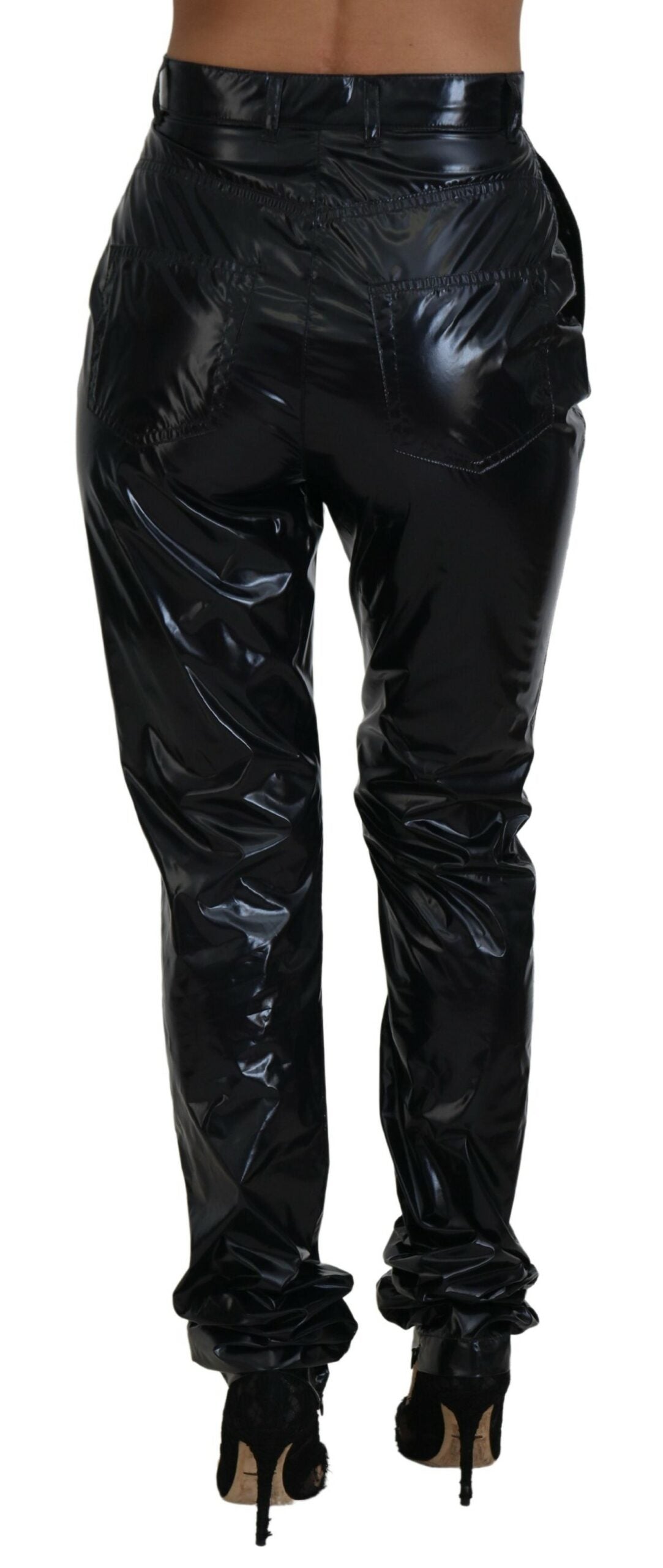 Zwarte nylon skinny broek met hoge taille