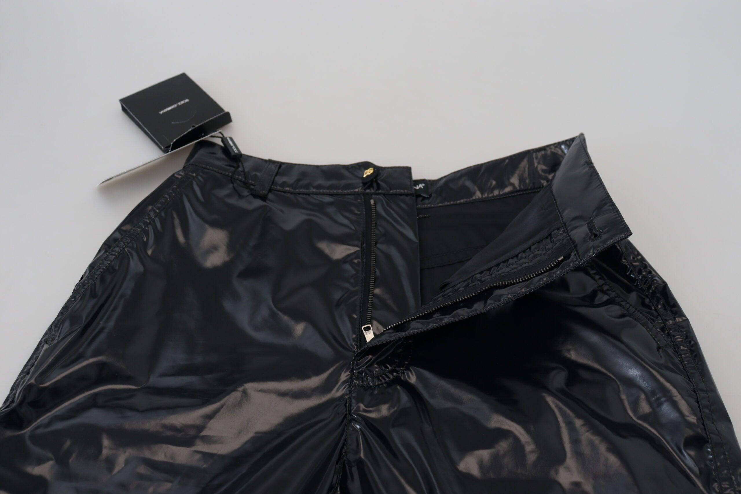 Zwarte nylon skinny broek met hoge taille