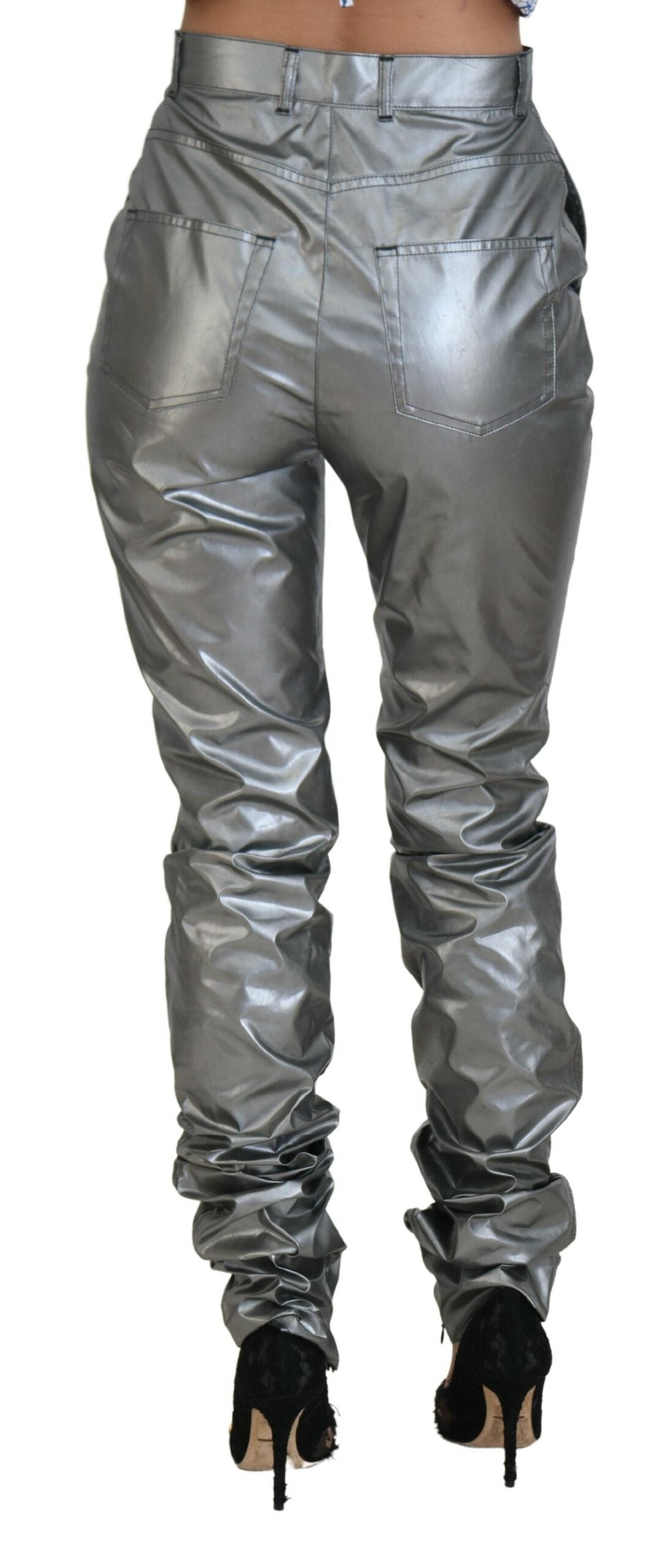 Metallic zilveren skinny broek met hoge taille