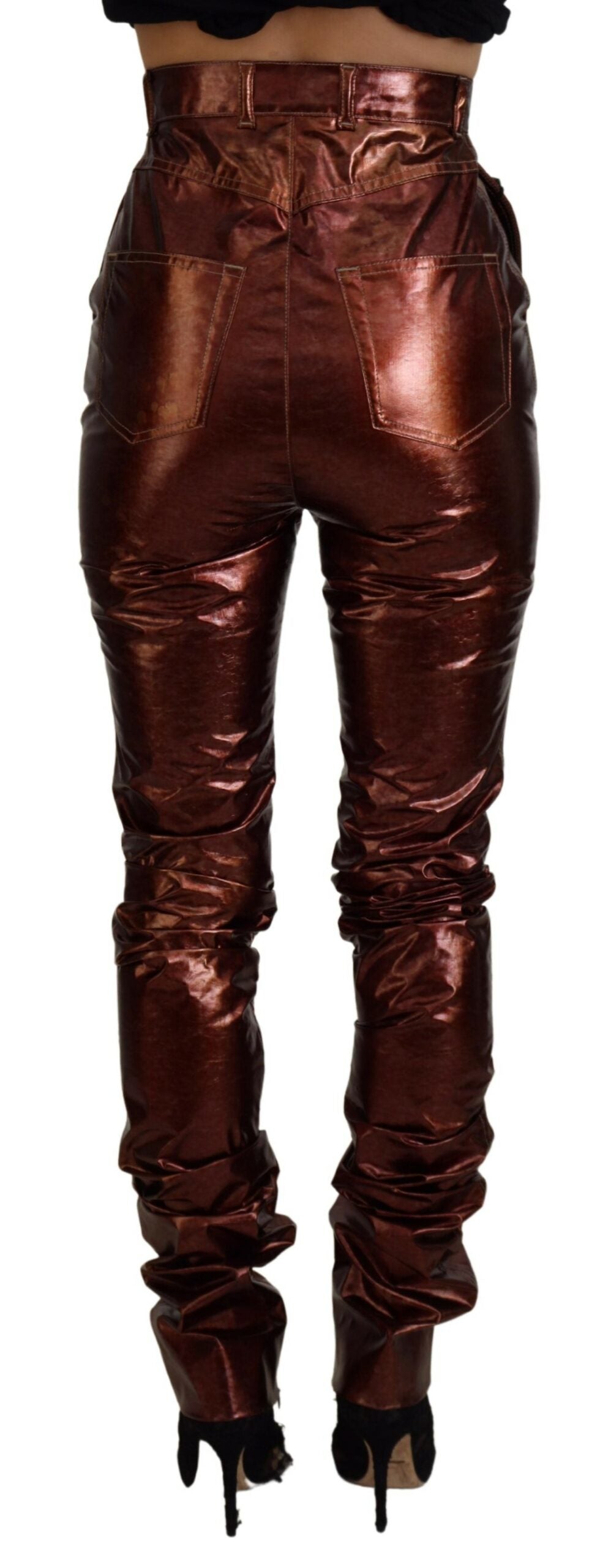 Metallic bronzen skinny jeans met hoge taille