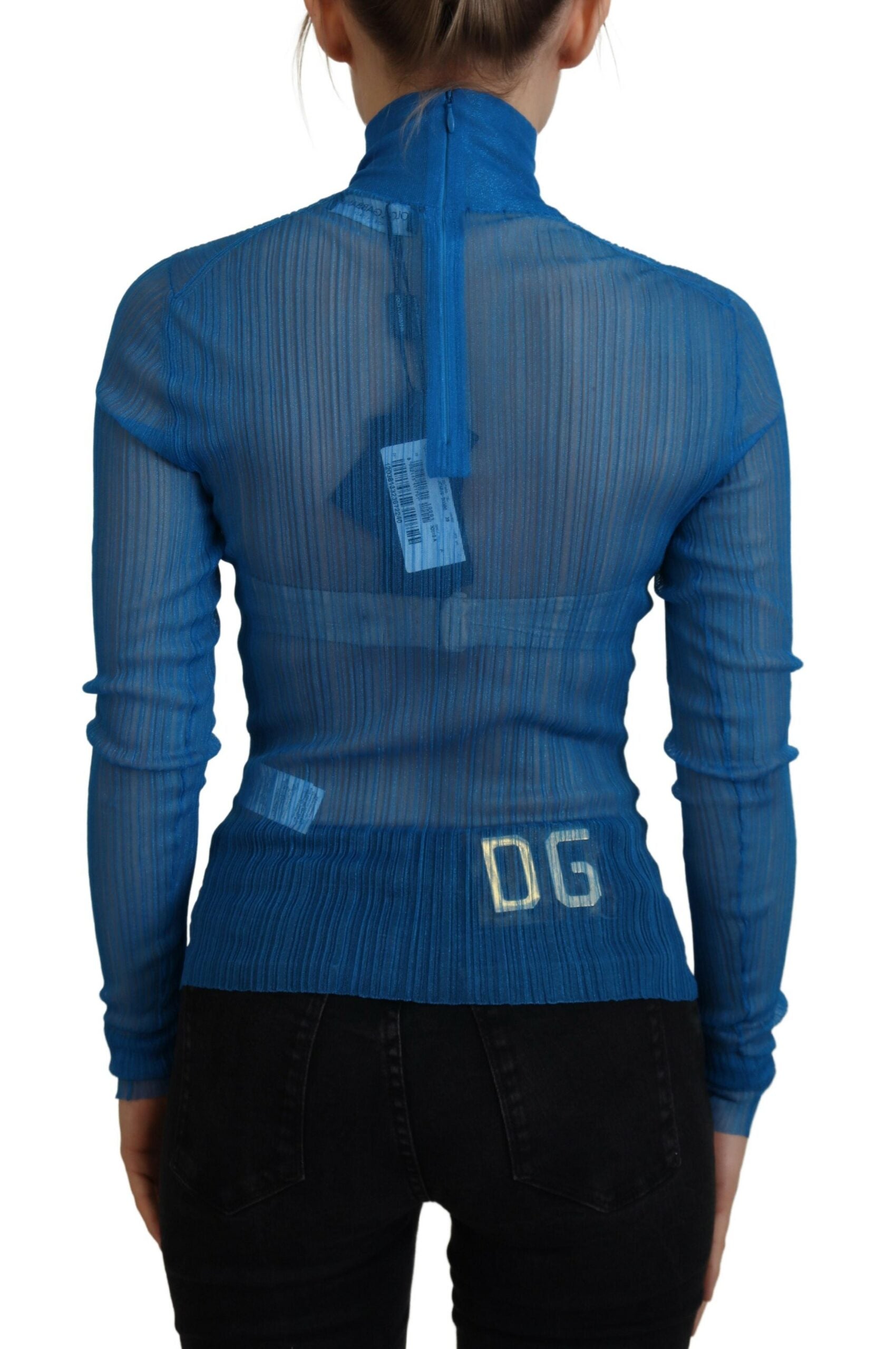 Blauwe mesh coltrui blouse met lange mouwen