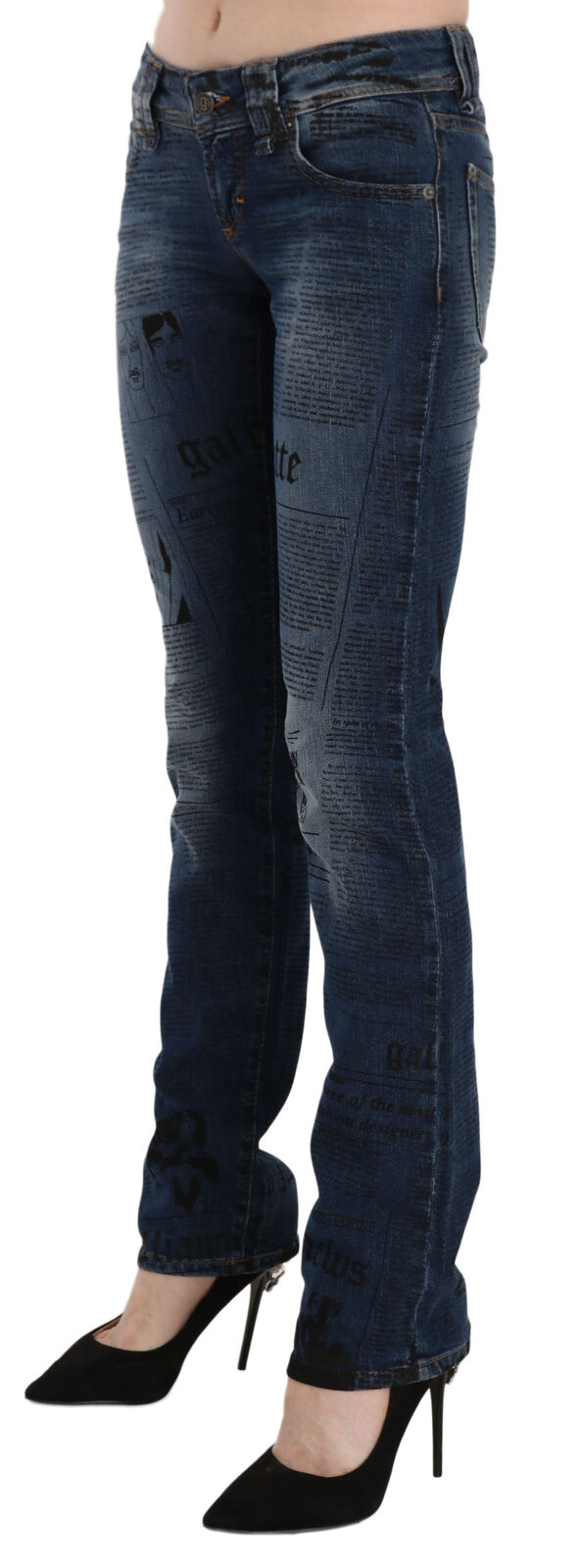 Blauwe skinny denim broek met lage taille en krantenprint