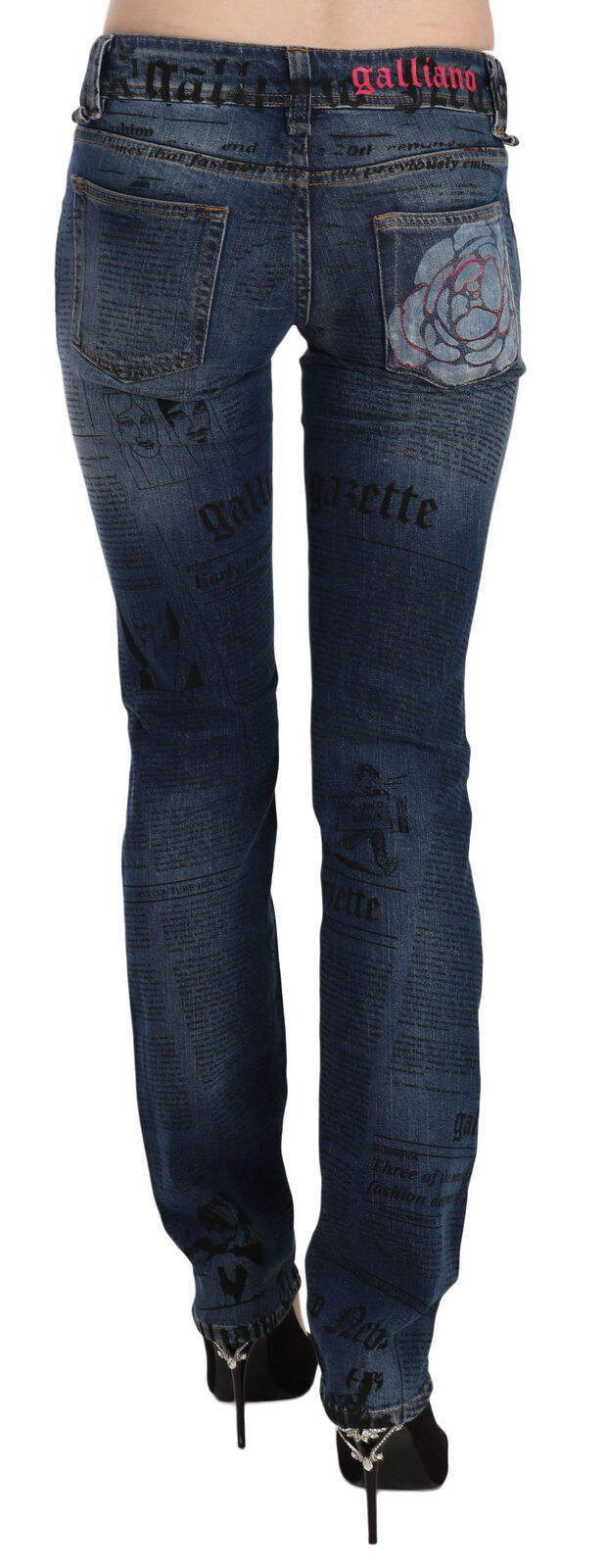 Blauwe skinny denim broek met lage taille en krantenprint