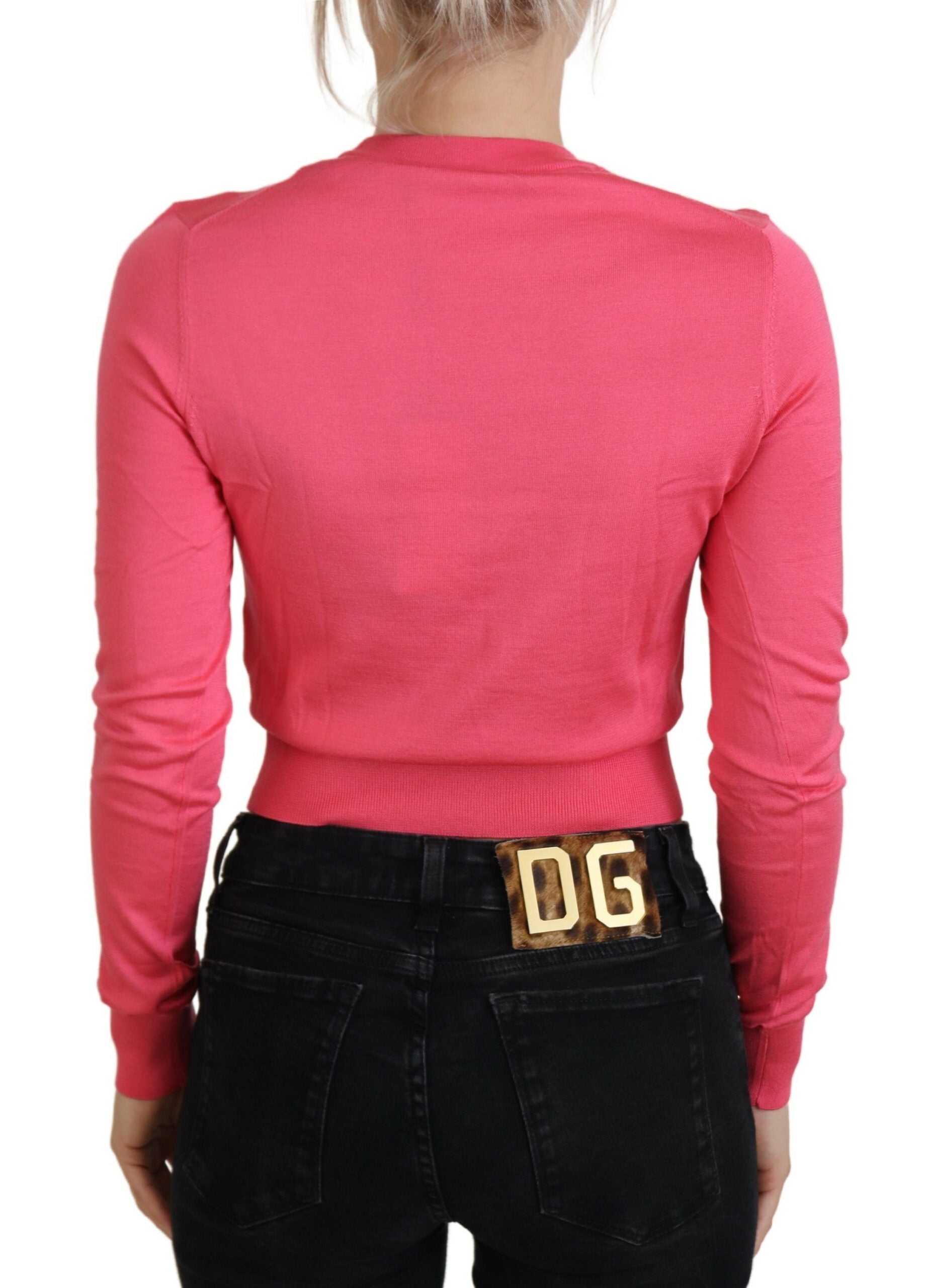 Roze zijden cropped ronde hals trui