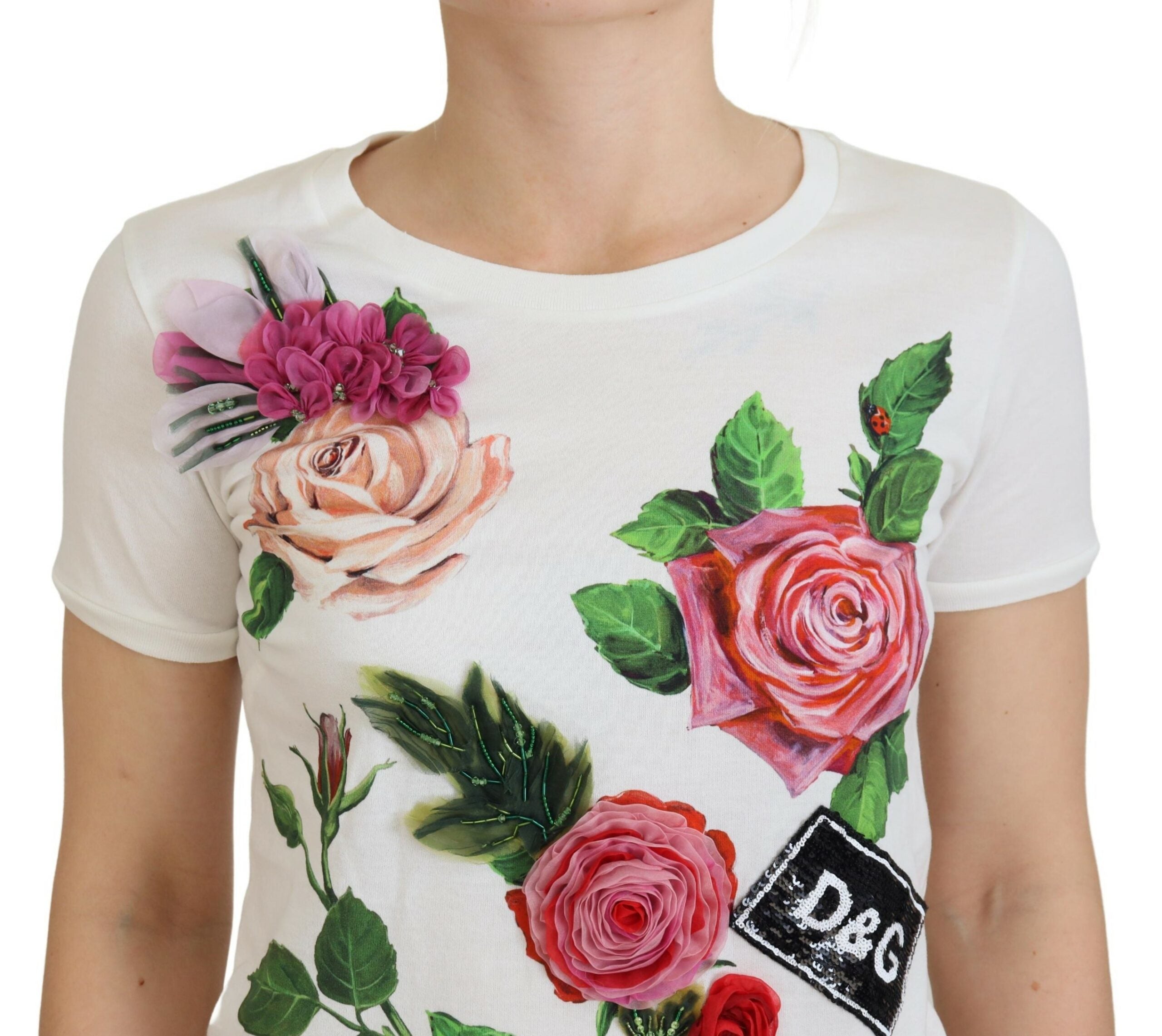Witte top met korte mouwen en DGLogo-print met rozenmotief