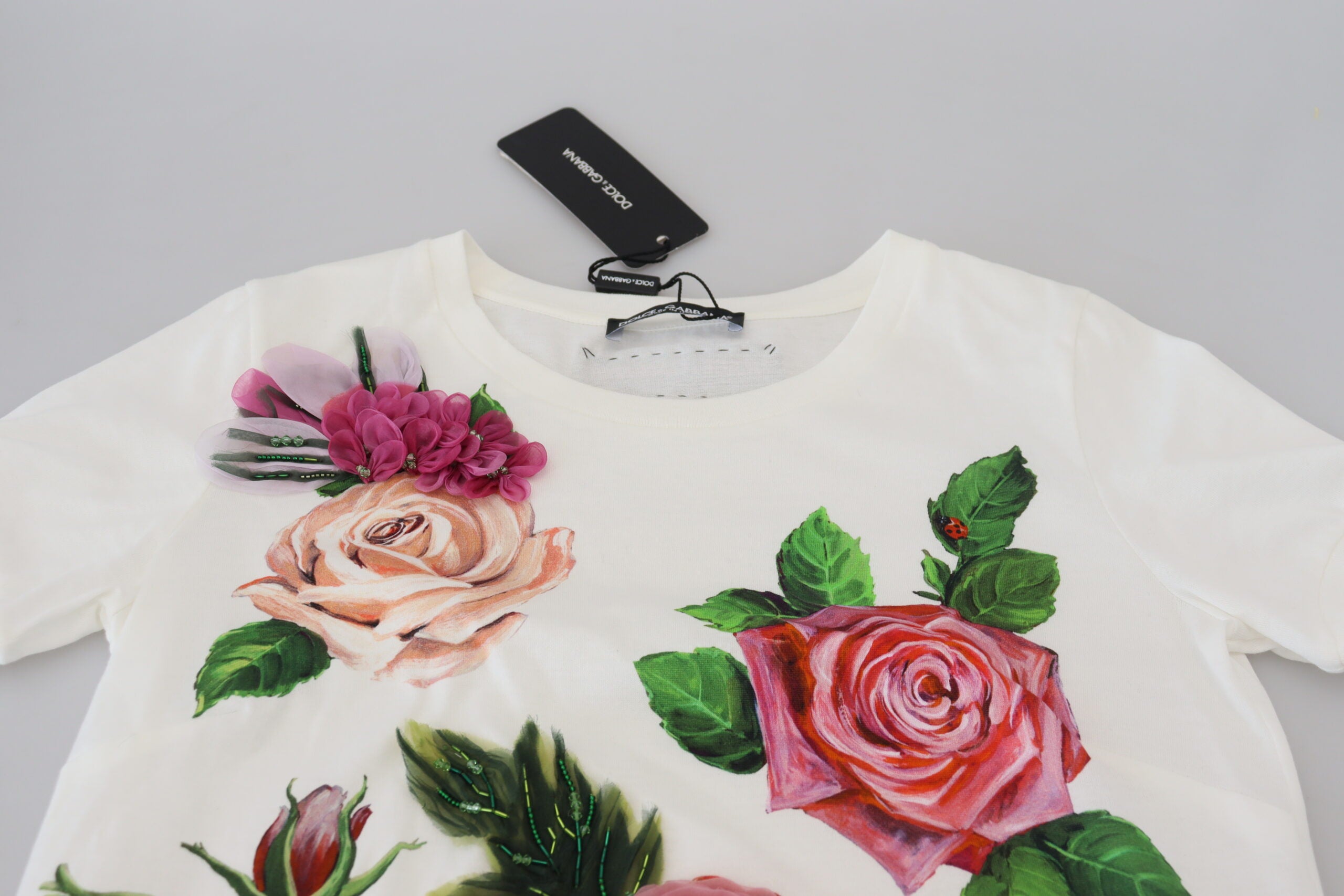 Witte top met korte mouwen en DGLogo-print met rozenmotief