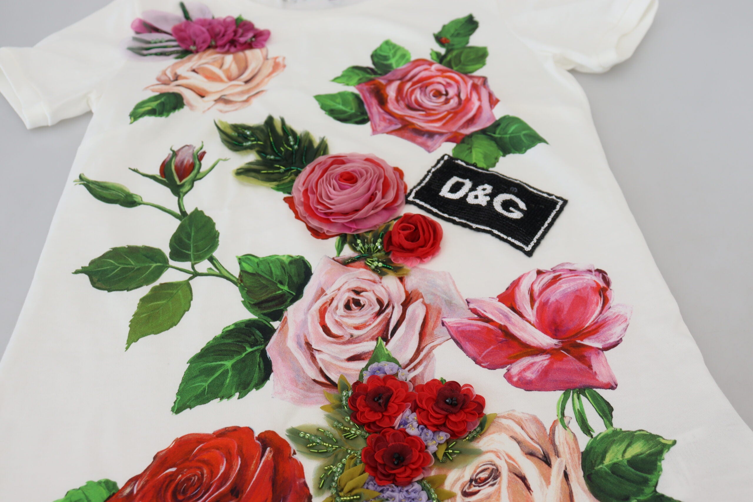 Witte top met korte mouwen en DGLogo-print met rozenmotief