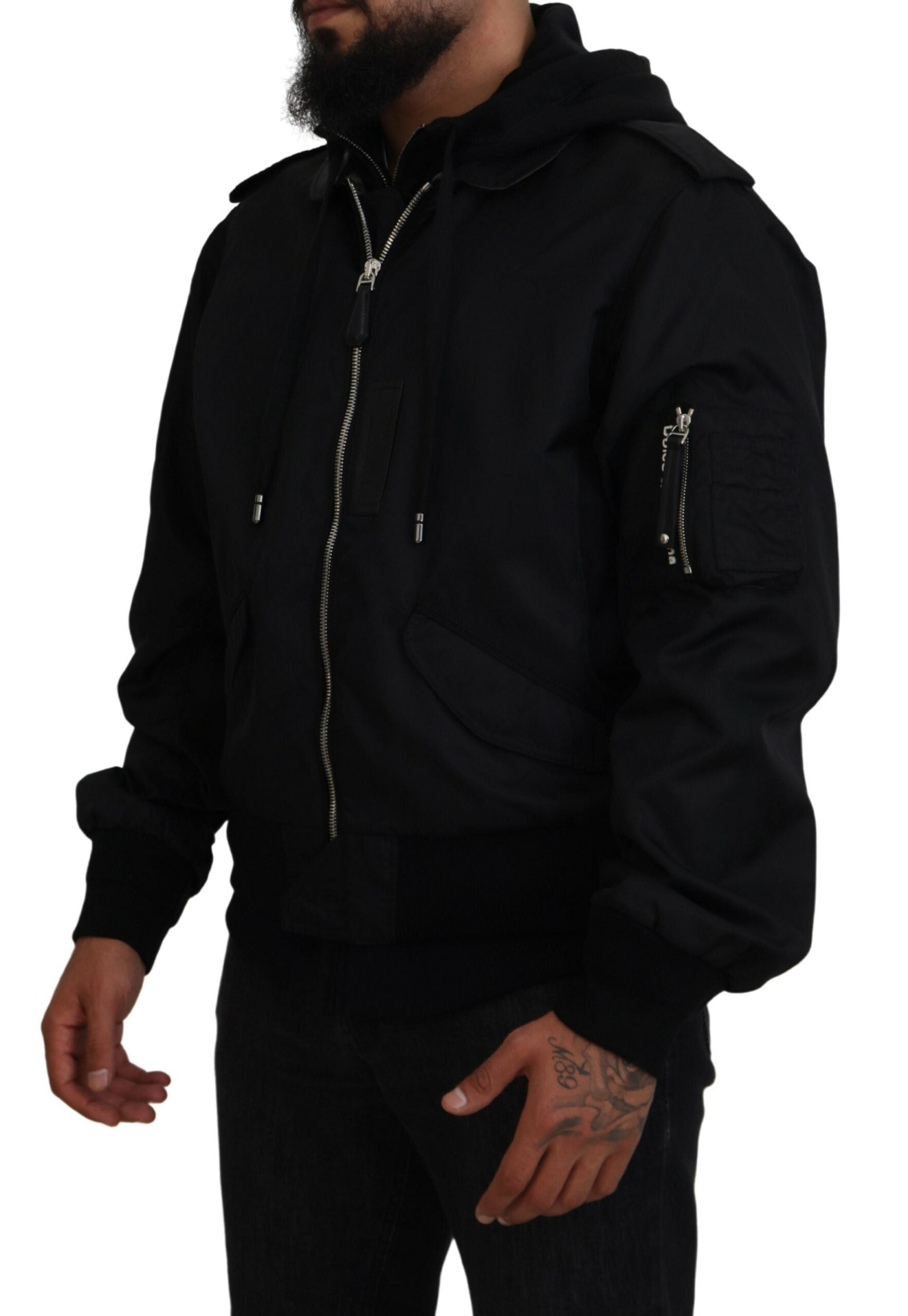 Zwarte nylon herenjas met capuchon en volledige ritssluiting