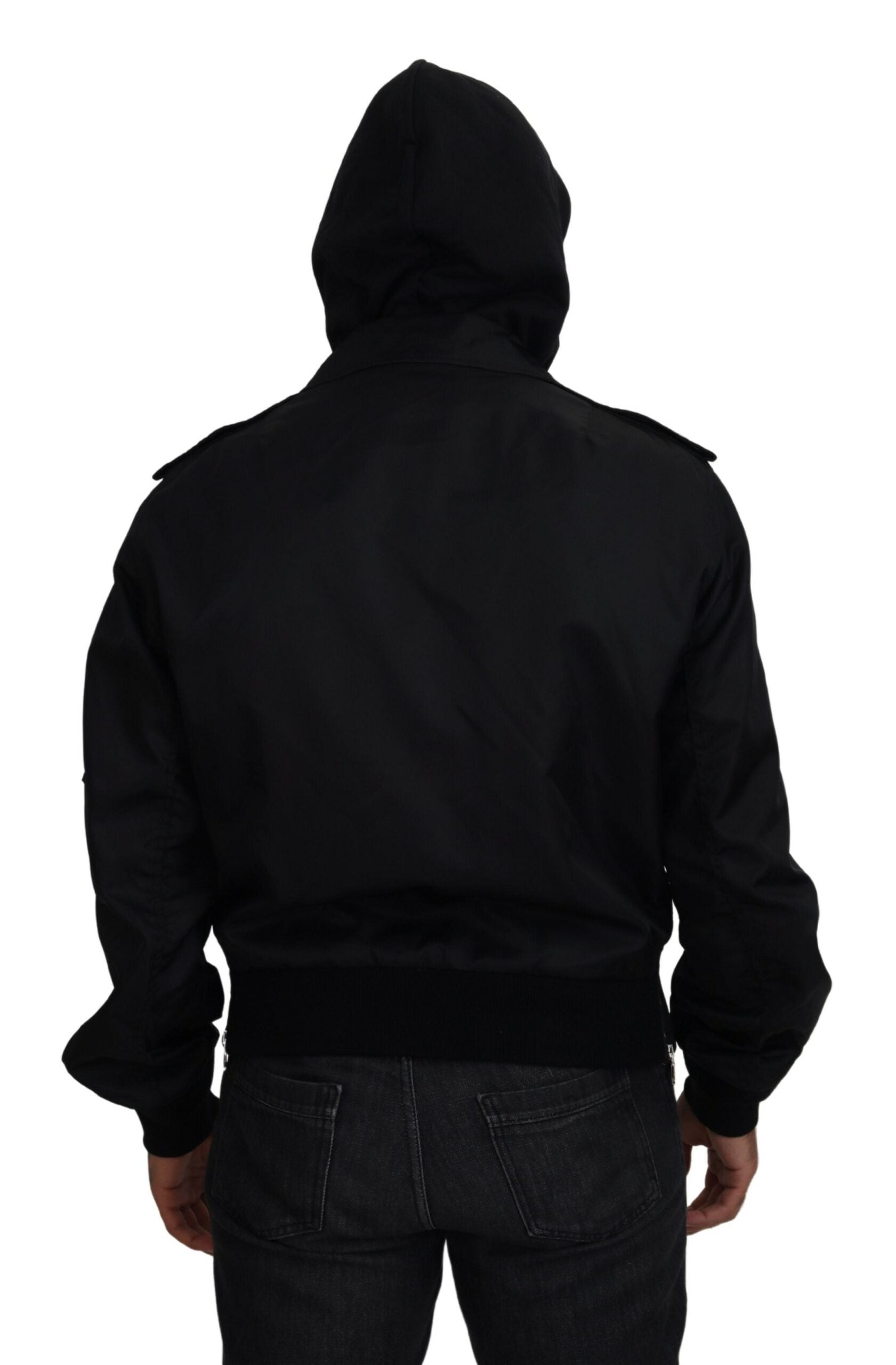 Zwarte nylon herenjas met capuchon en volledige ritssluiting