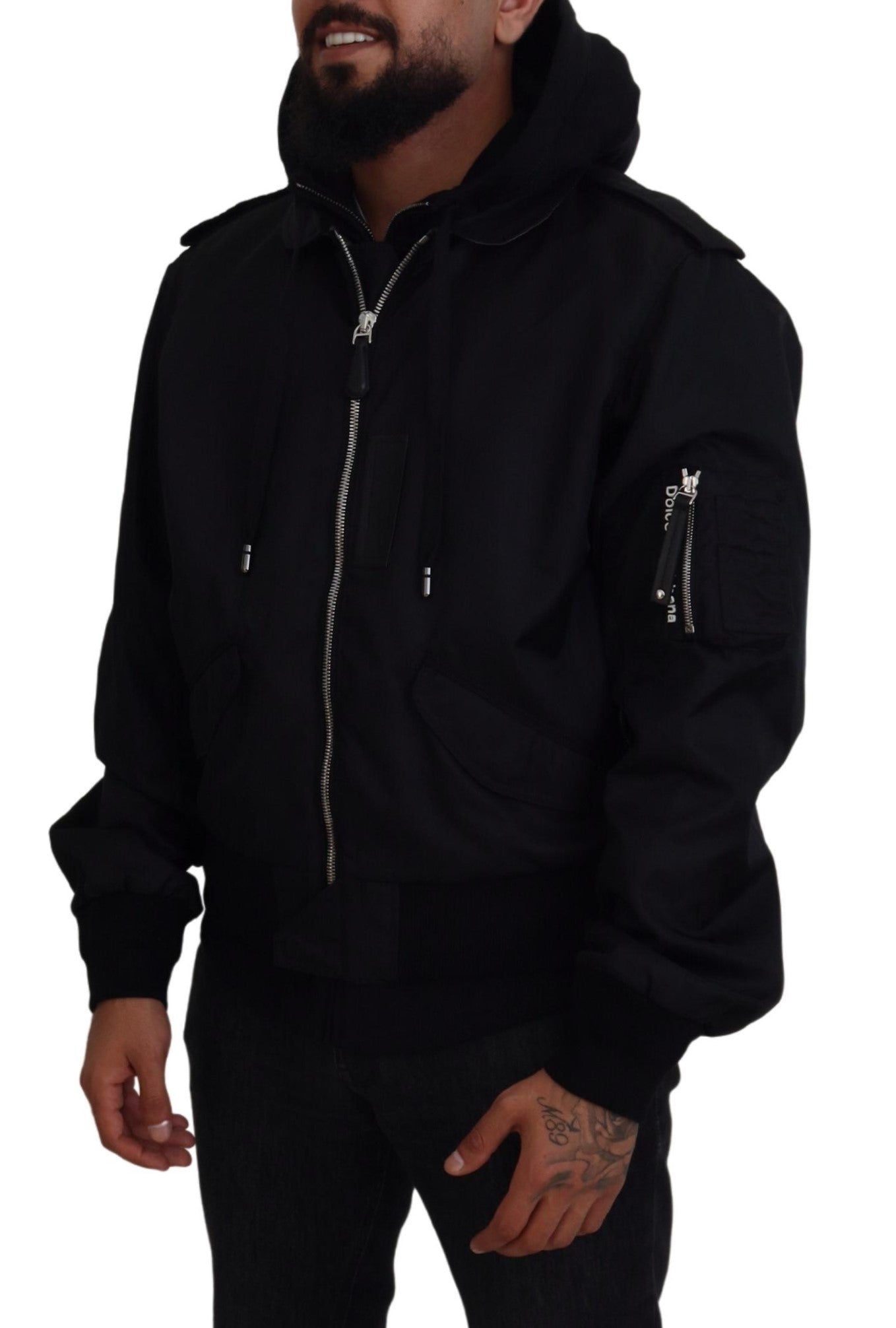 Zwarte nylon herenjas met capuchon en volledige ritssluiting