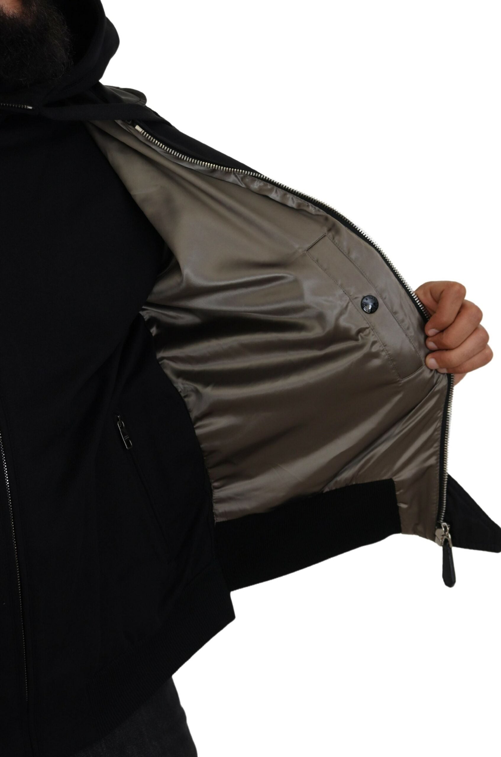 Zwarte nylon herenjas met capuchon en volledige ritssluiting