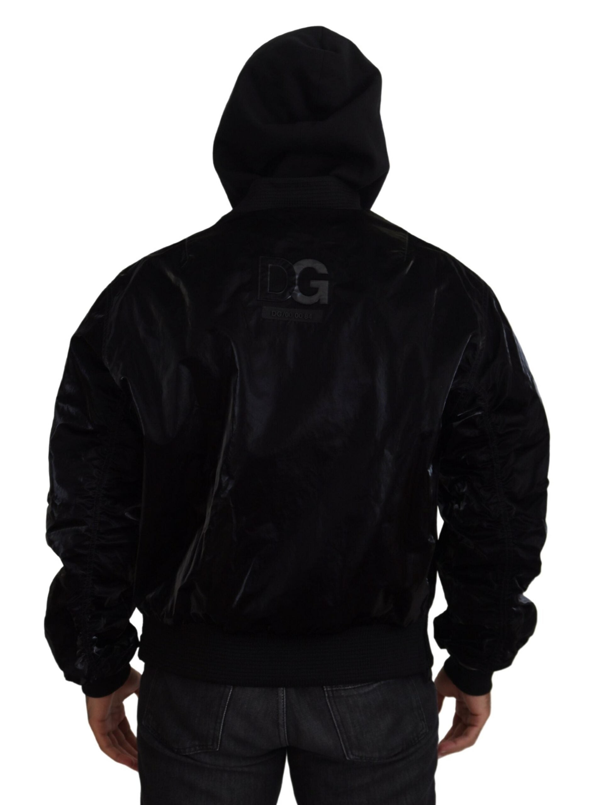 Zwarte nylon bomberjack met capuchon en volledige ritssluiting