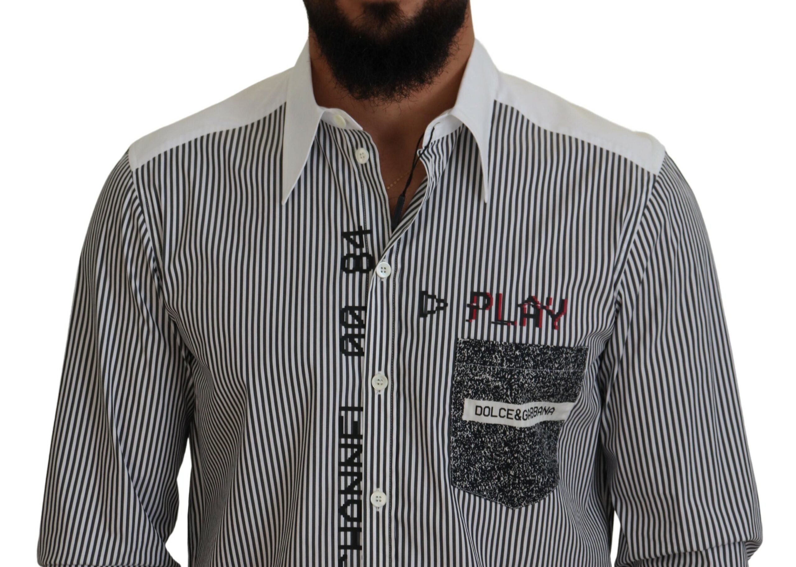 Zwart-wit gestreept casual katoenen overhemd met print