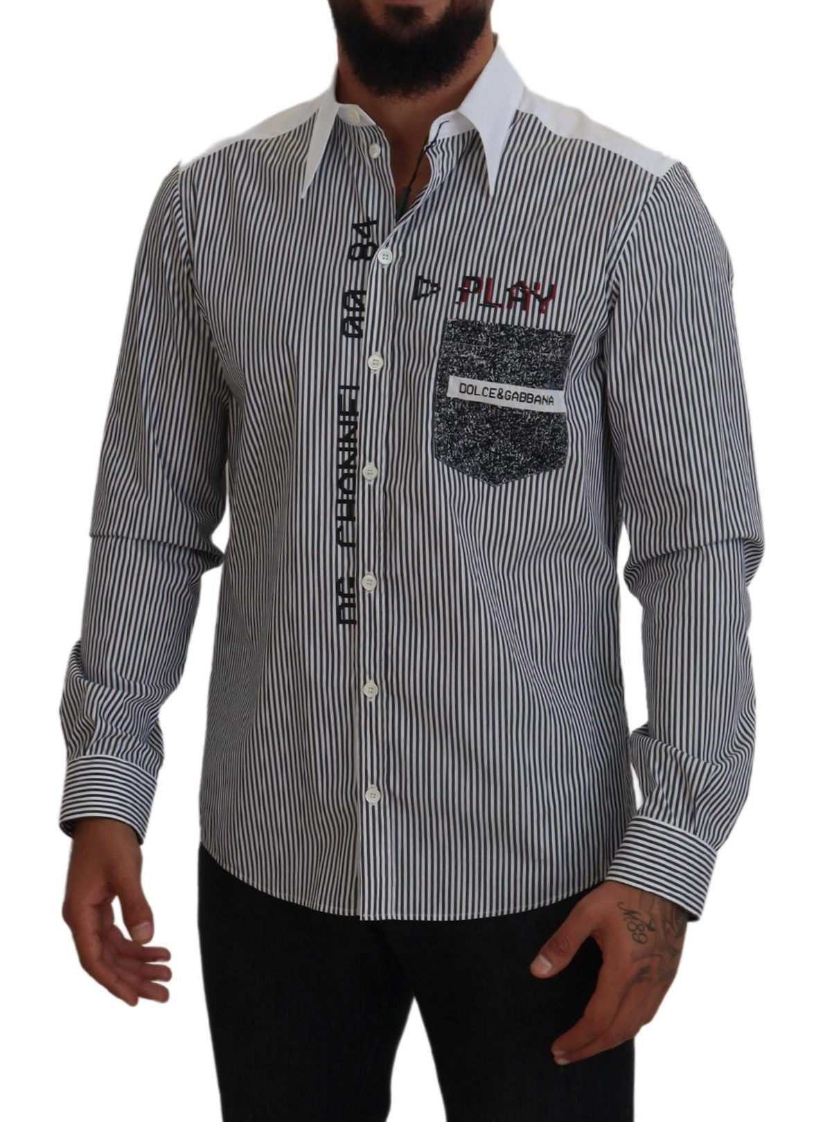 Zwart-wit gestreept casual katoenen overhemd met print