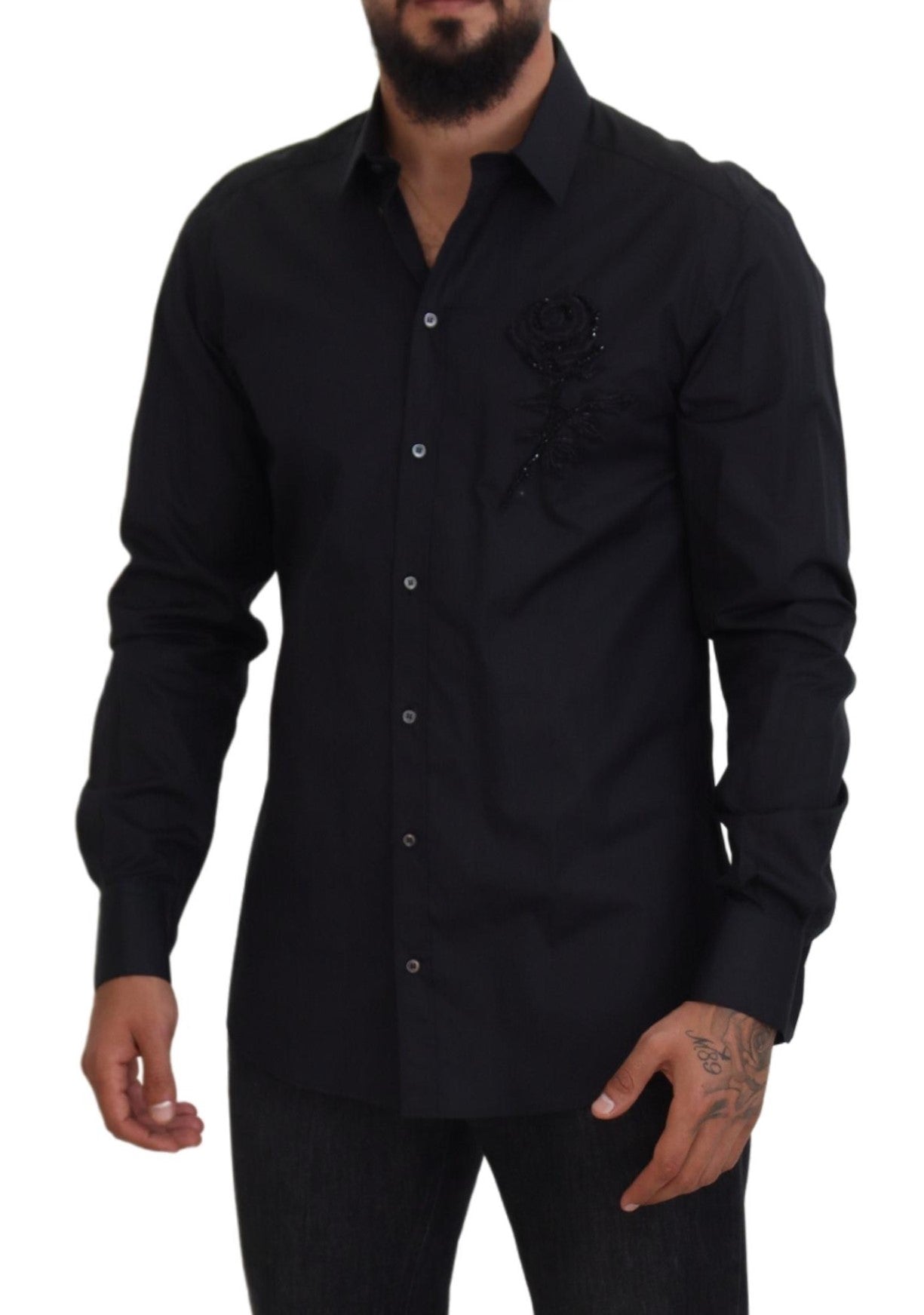 Zwarte rozen slim fit katoenen overhemd
