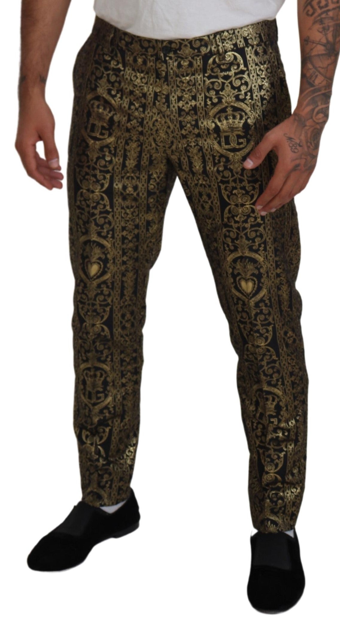 Zwarte gouden jacquardjurkbroek