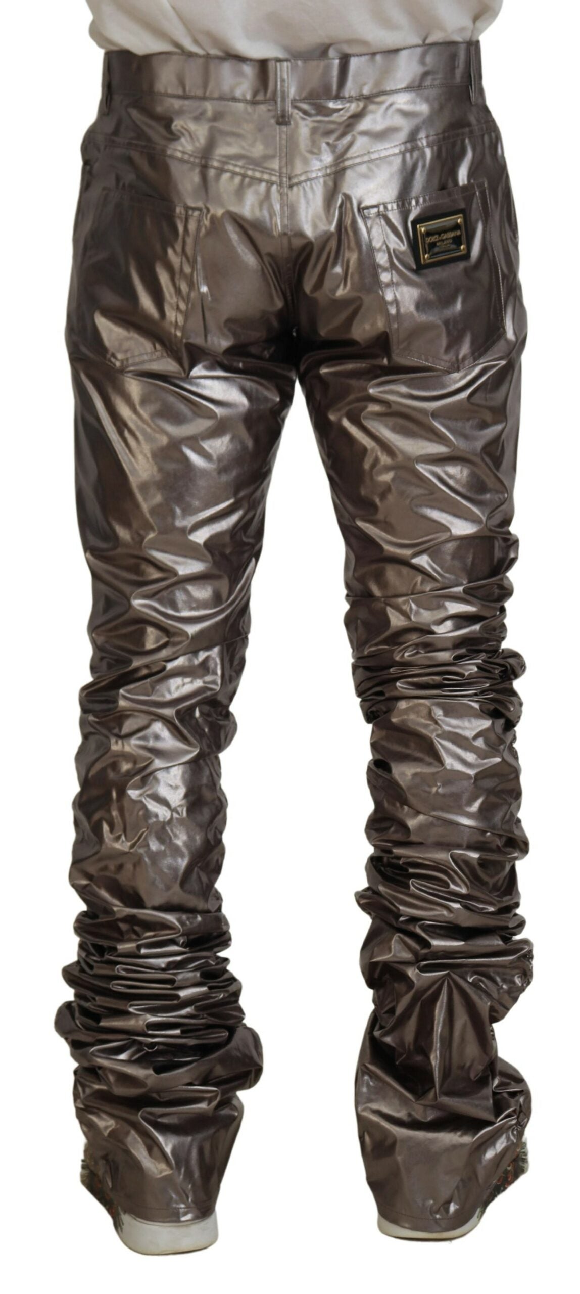 Zilverkleurige metallic nylon stretchbroek