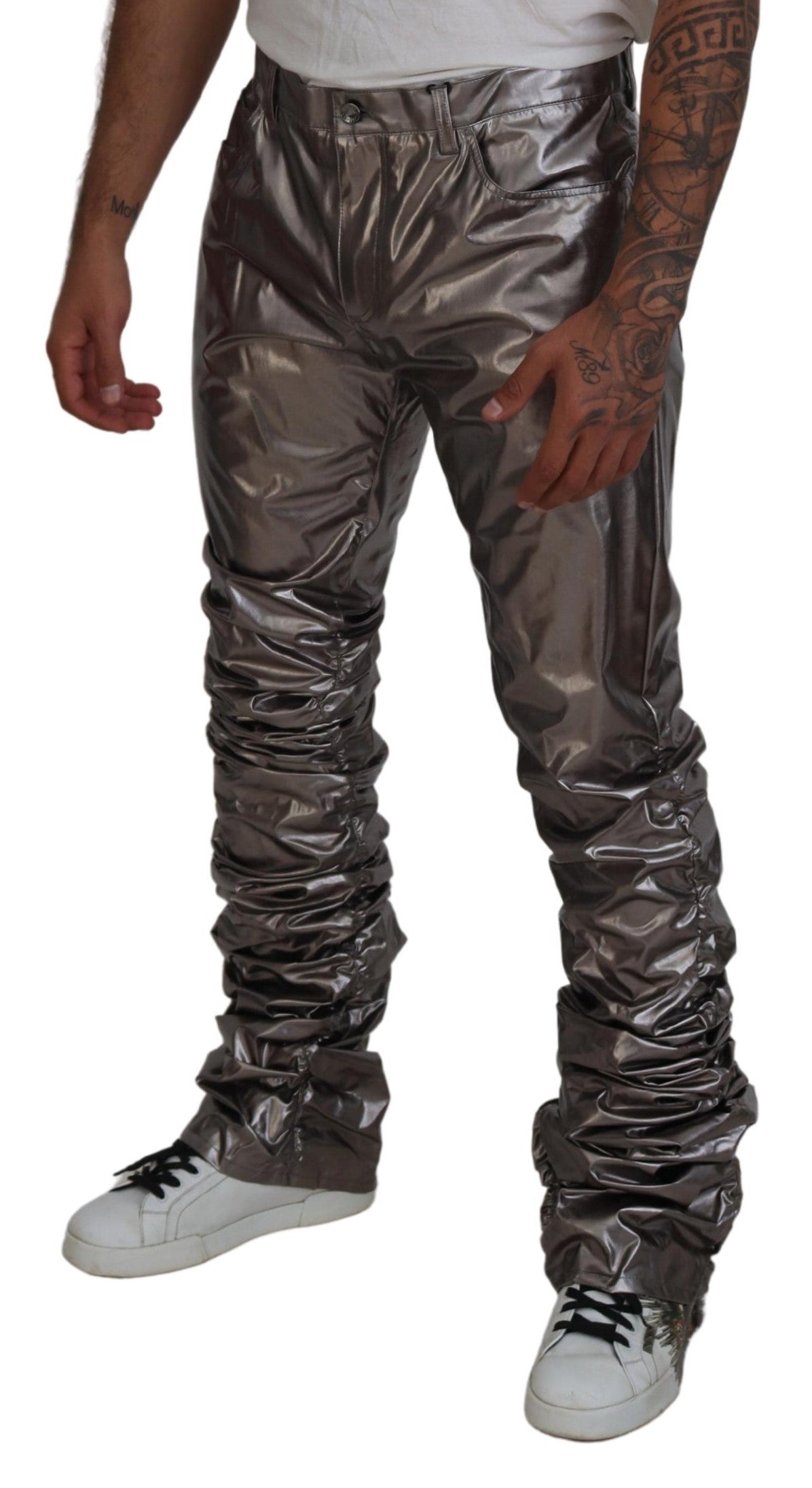 Zilverkleurige metallic nylon stretchbroek