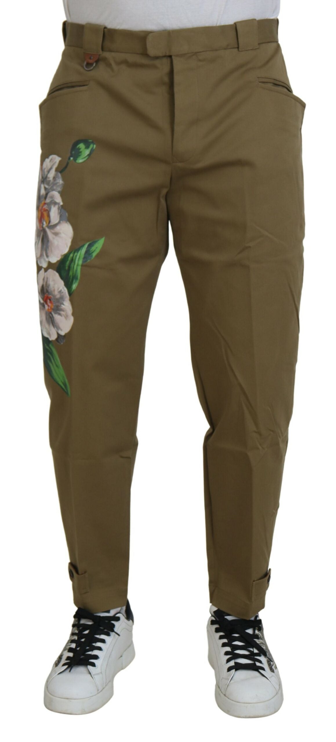 Beige katoenen stretch chinobroek met bloemenprint