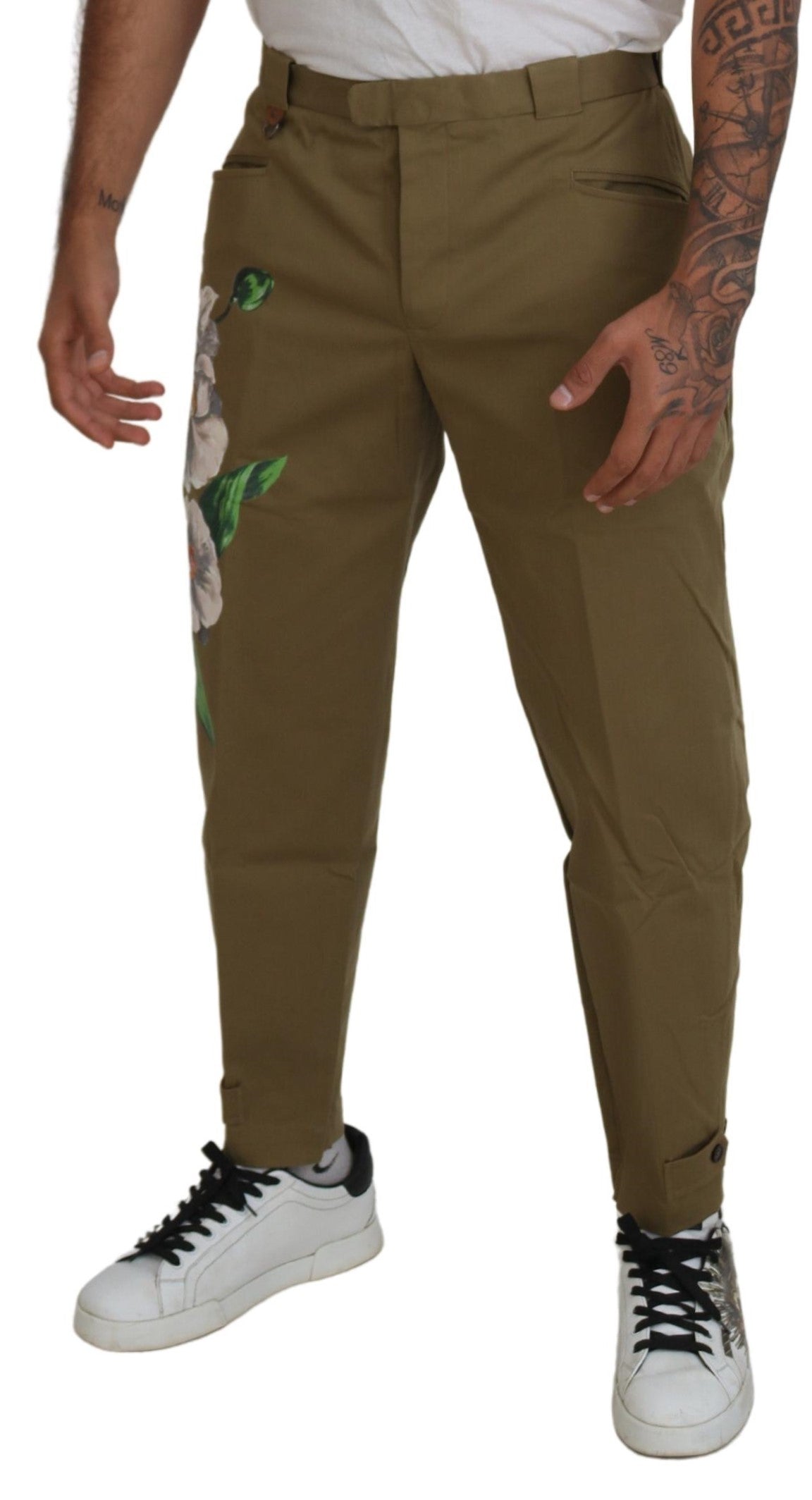 Beige katoenen stretch chinobroek met bloemenprint