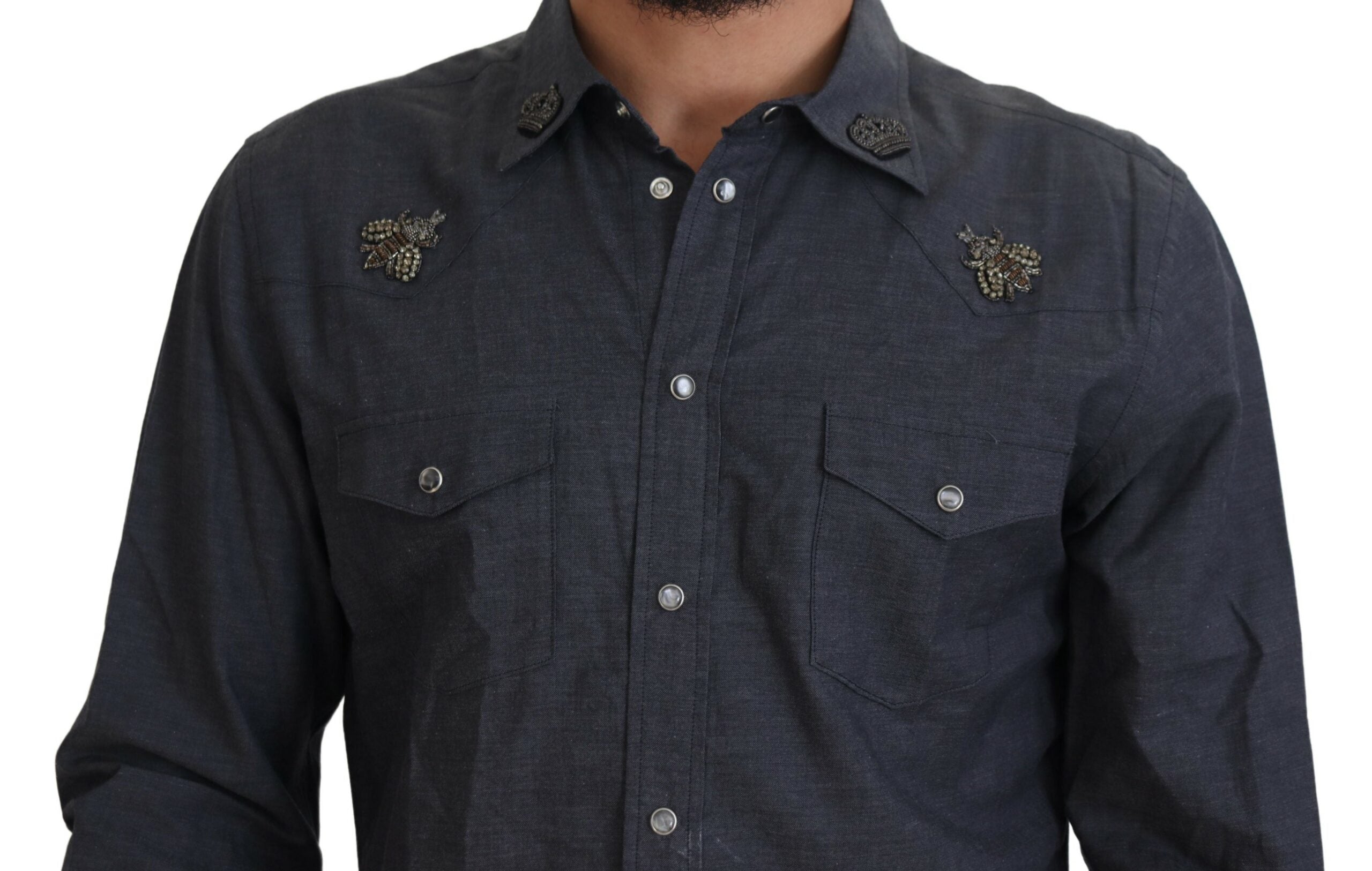 Blauw katoenen denim overhemd met kristallen bij