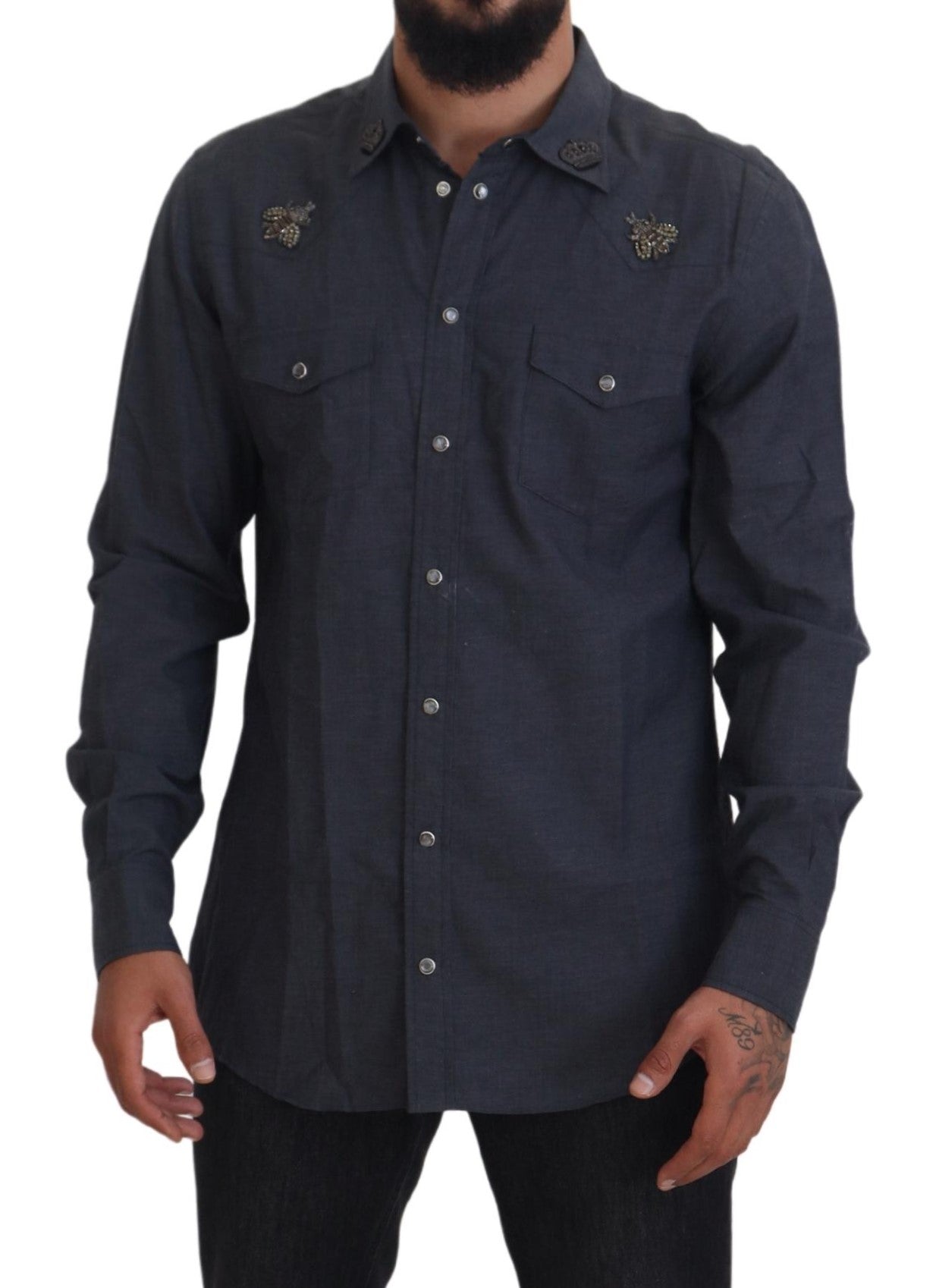 Blauw katoenen denim overhemd met kristallen bij
