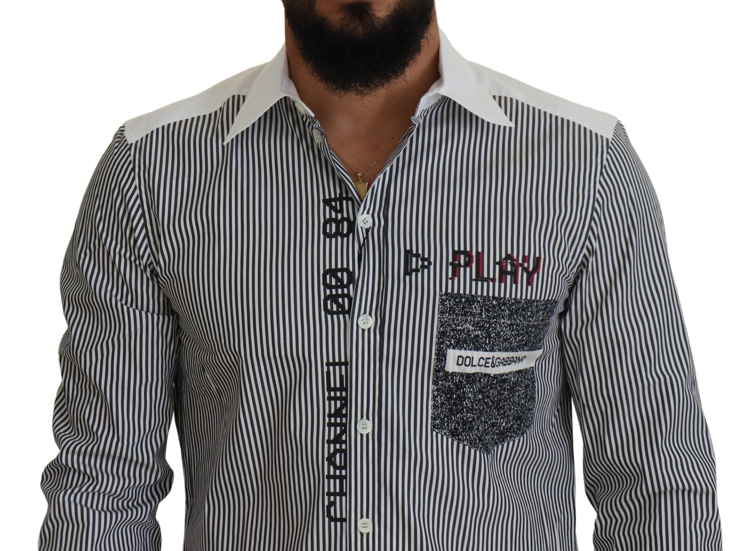Grijswit gestreept slim fit overhemd