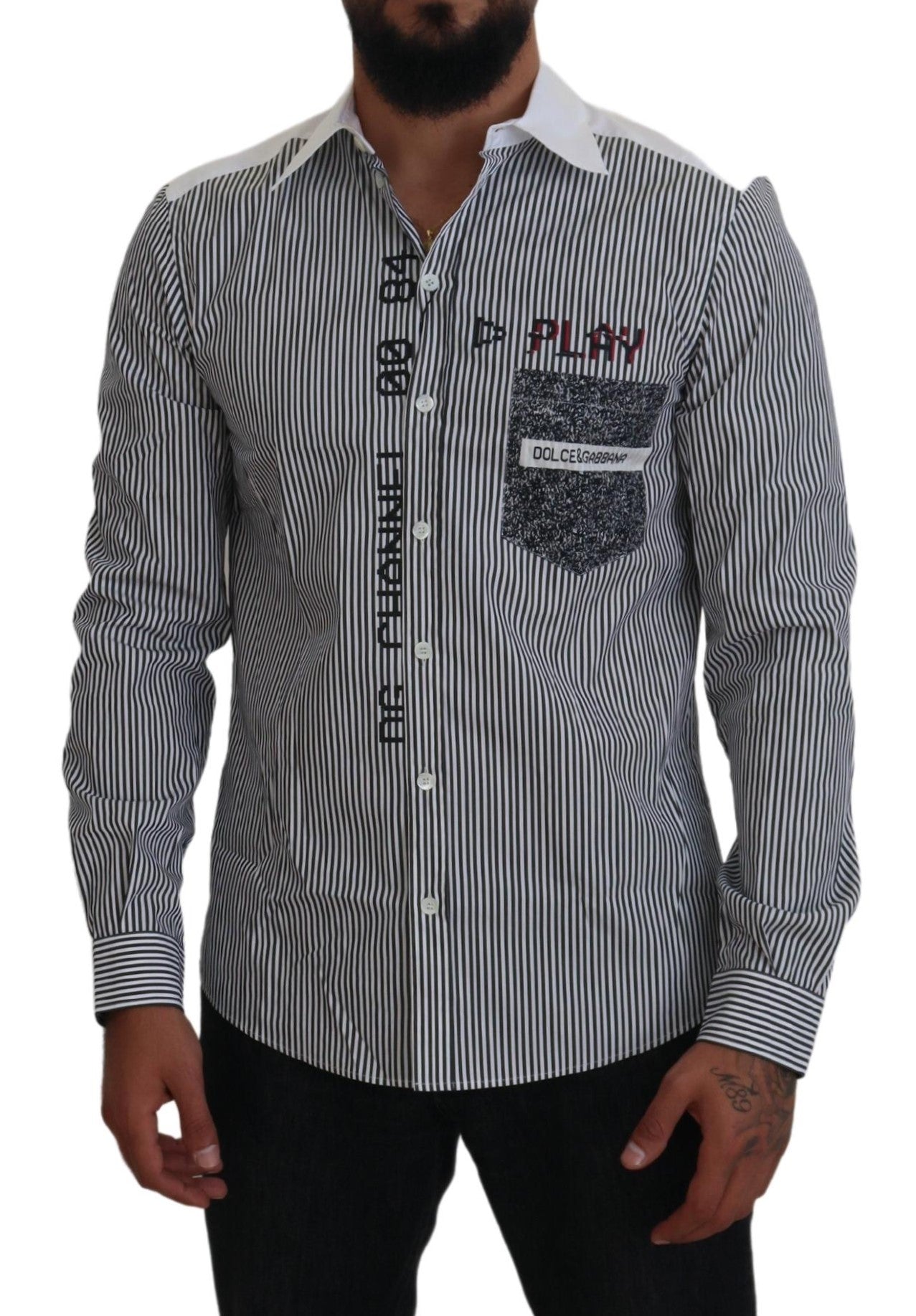 Grijswit gestreept slim fit overhemd