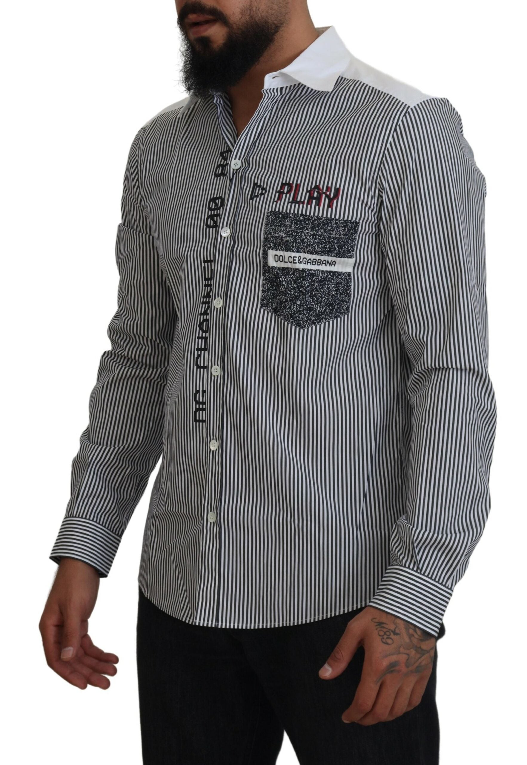 Grijswit gestreept slim fit overhemd