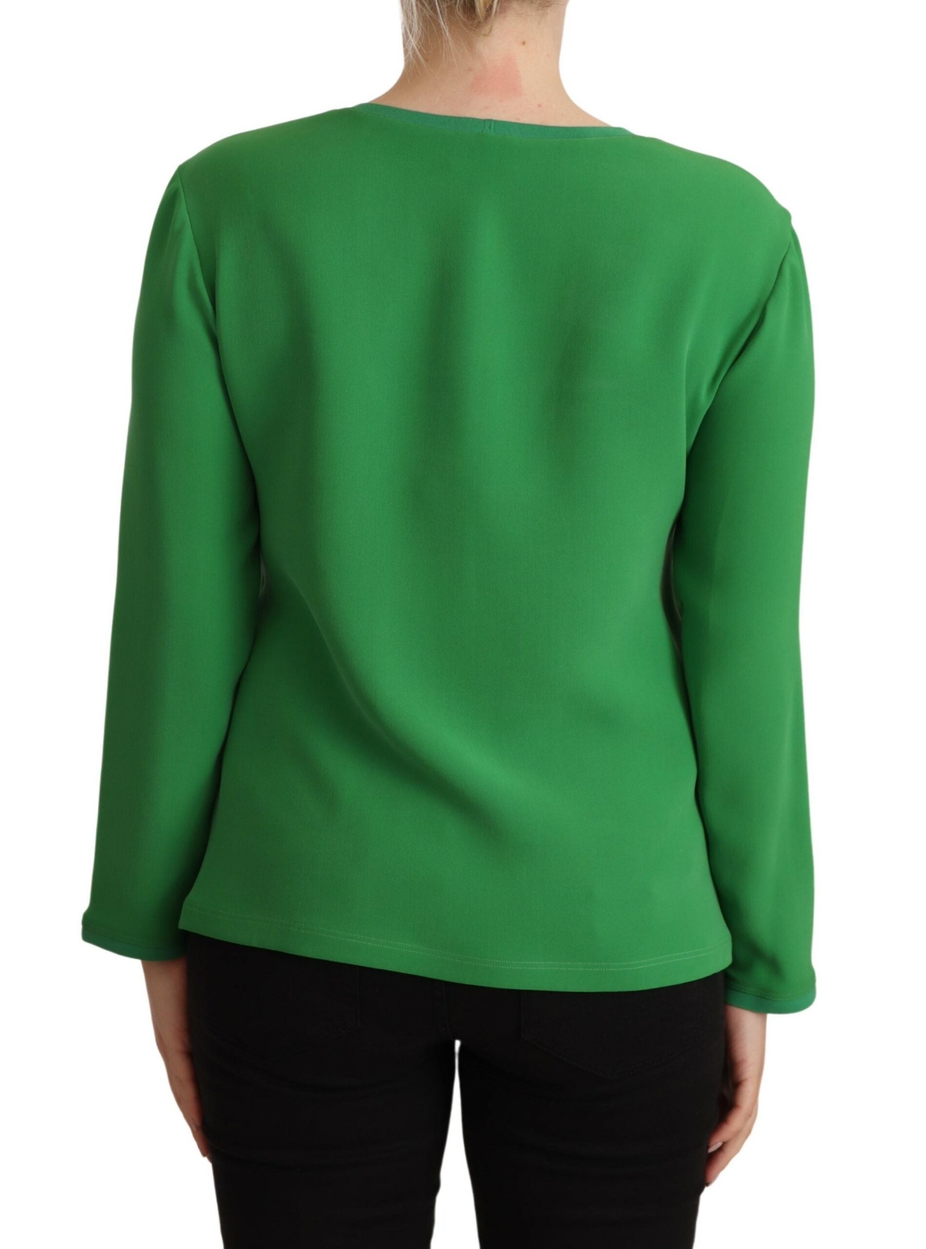 Groene zijden trui met lange mouwen en ronde hals