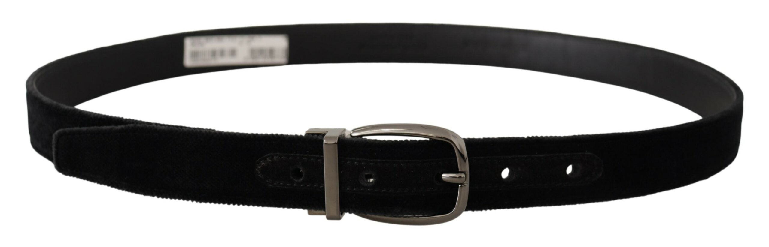Zwarte fluwelen klassieke metalen riem met gegraveerd logo