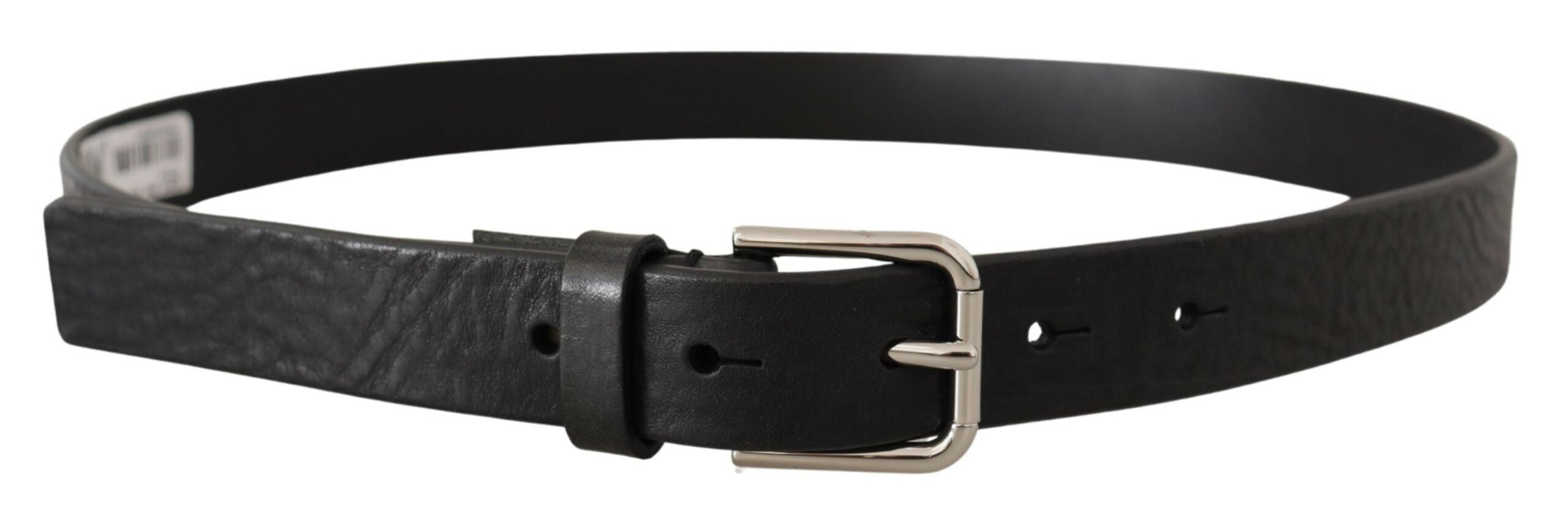 Zwarte kalfsleren riem met zilveren logo en metalen gesp