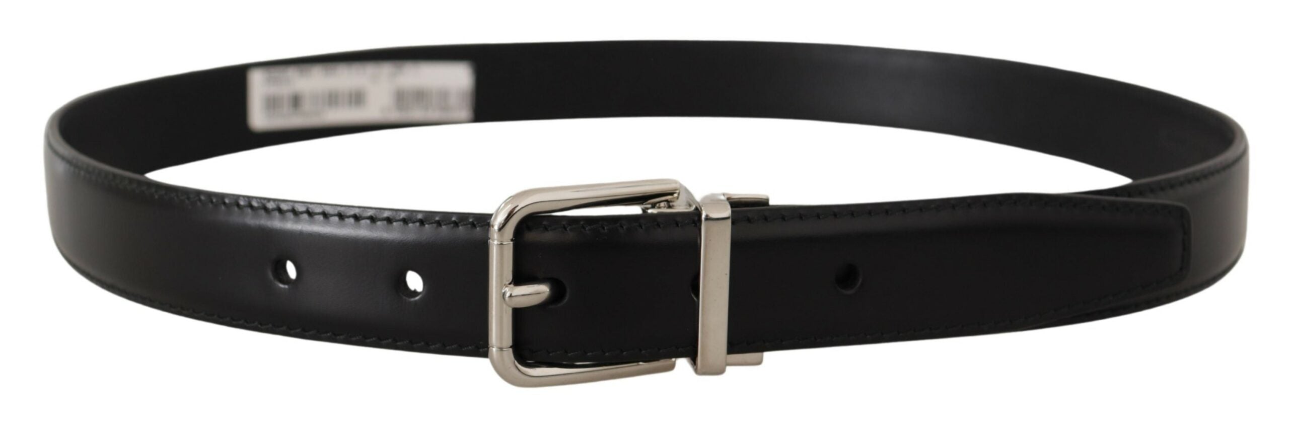Zwarte kalfsleren riem met metalen gesp en gegraveerd logo