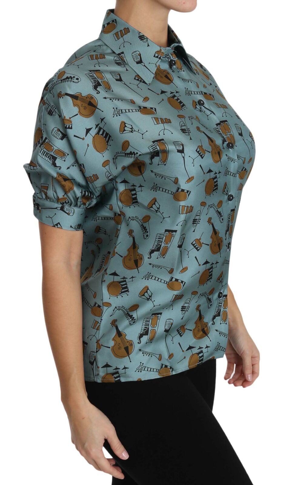 Multicolor muziekinstrumenten zijden shirt met korte mouwen