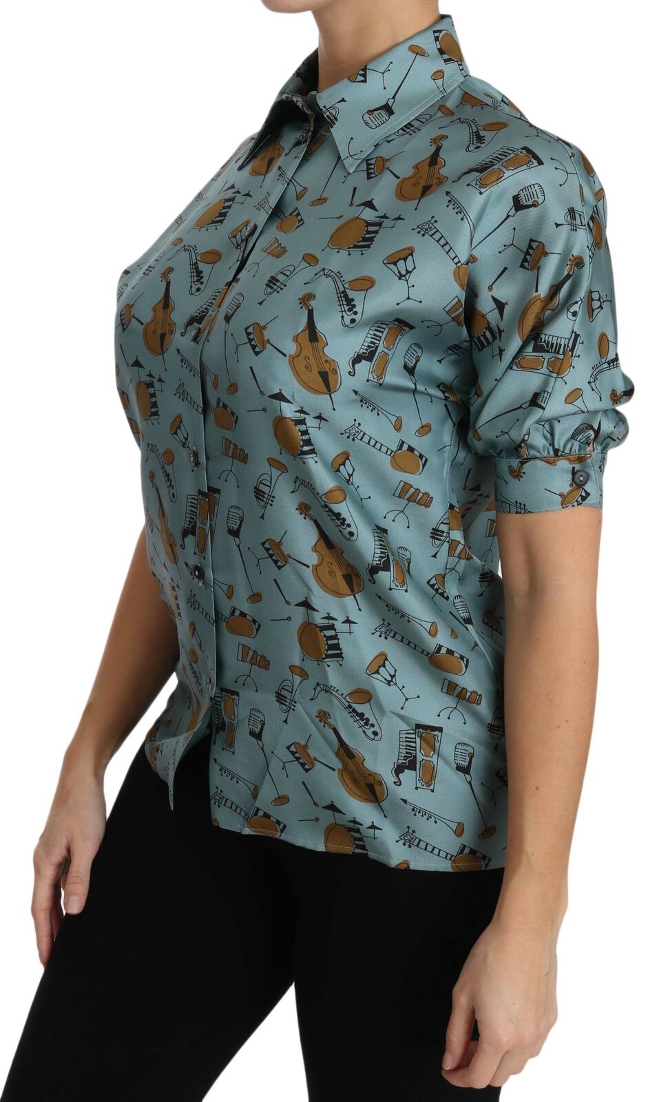 Multicolor muziekinstrumenten zijden shirt met korte mouwen