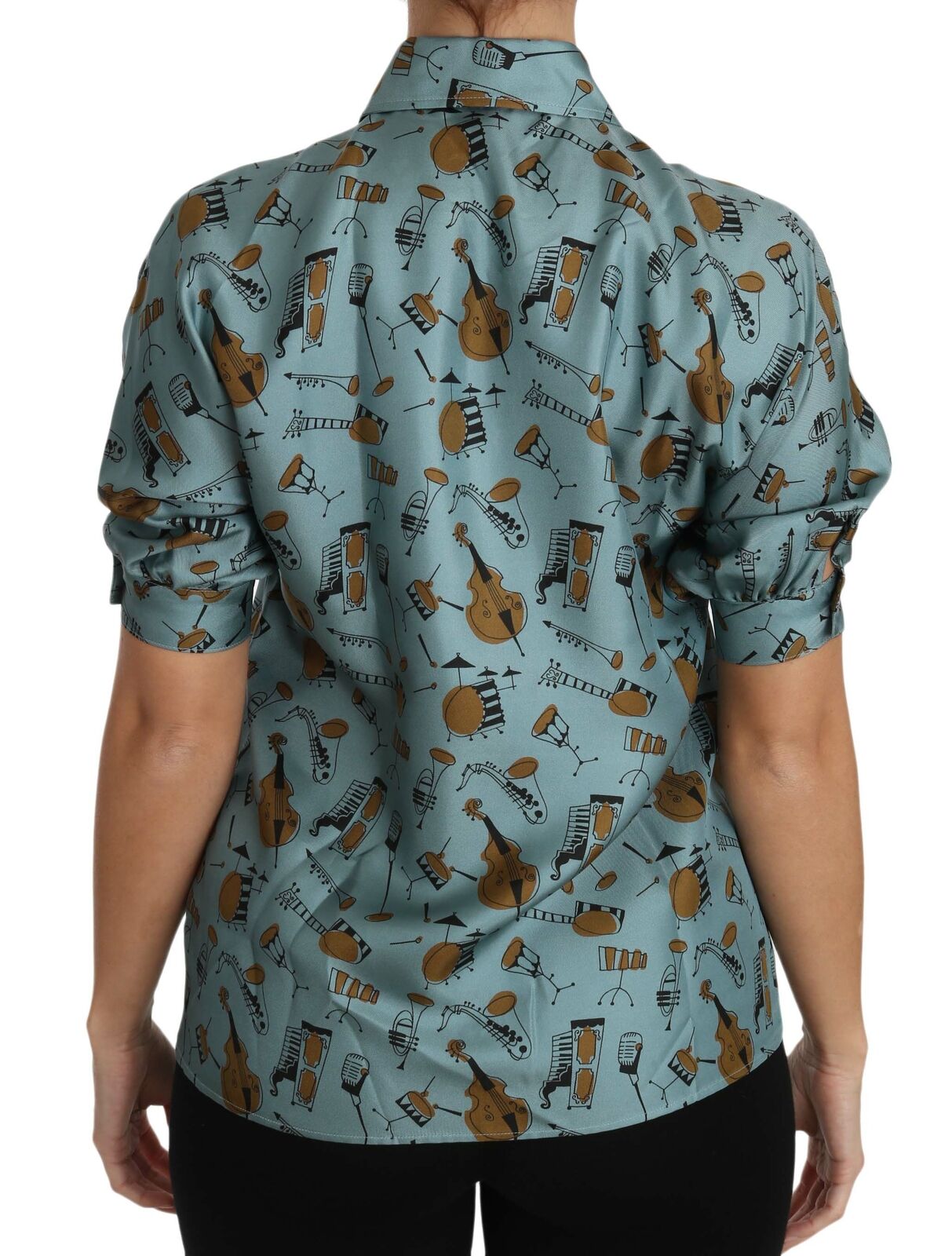 Multicolor muziekinstrumenten zijden shirt met korte mouwen