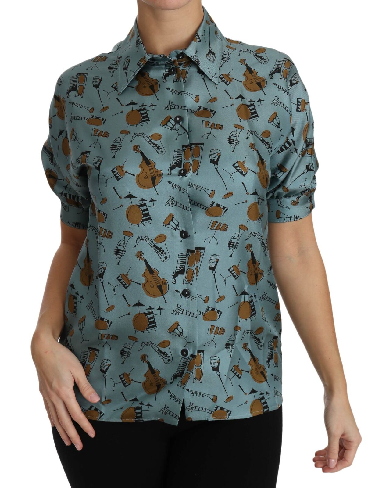 Multicolor muziekinstrumenten zijden shirt met korte mouwen