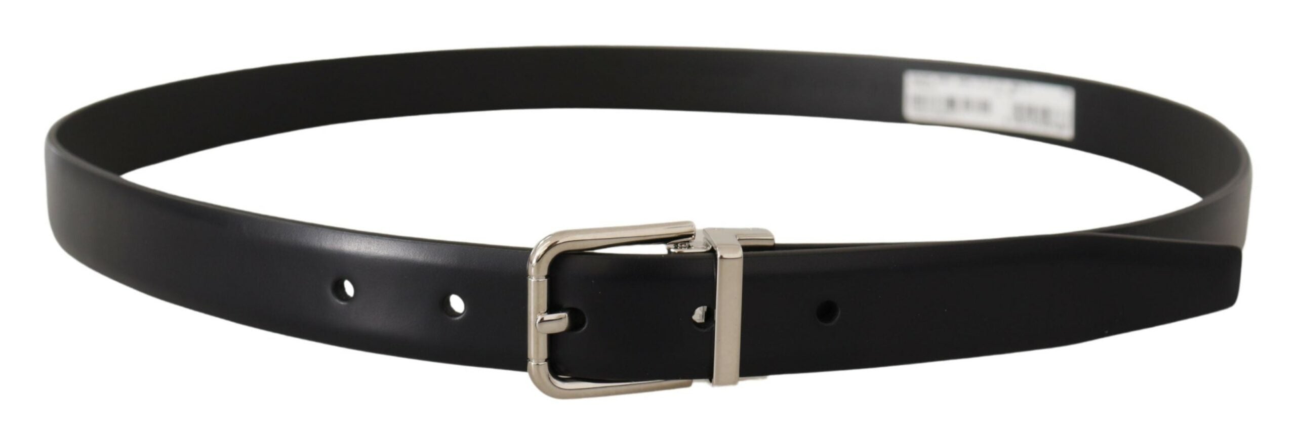 Zwarte kalfsleren riem met zilveren metalen logogesp
