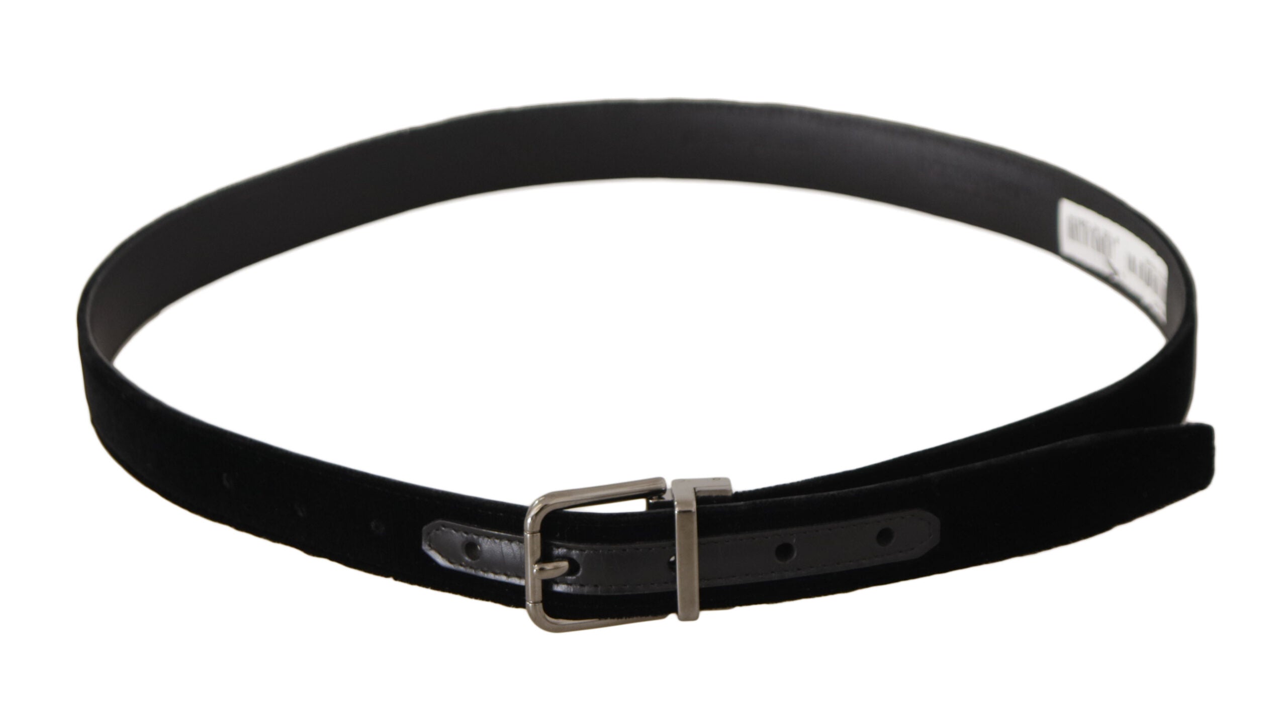 Zwarte klassieke fluwelen riem met metalen gesp en gegraveerd logo