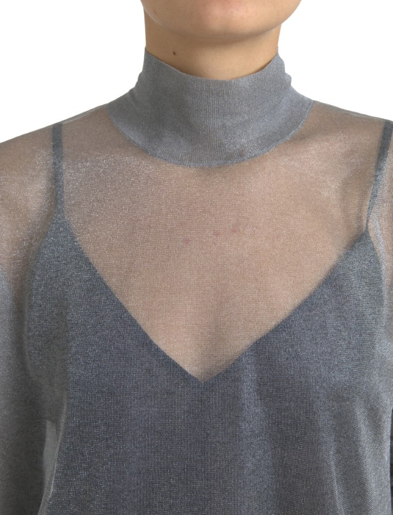 Grijze mesh coltrui blouse met lange mouwen