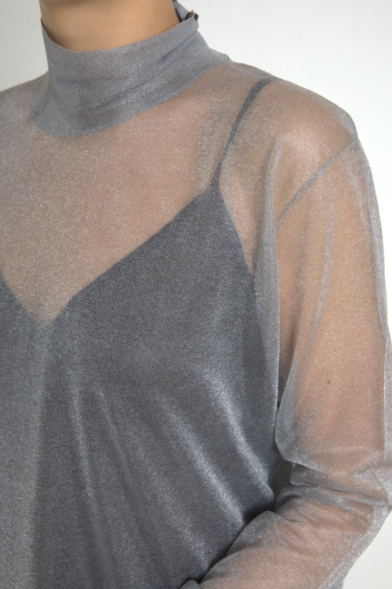 Grijze mesh coltrui blouse met lange mouwen