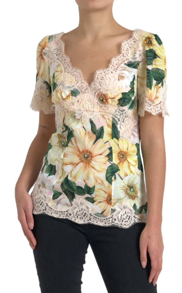 Veelkleurige bloemenkant V-hals blouse