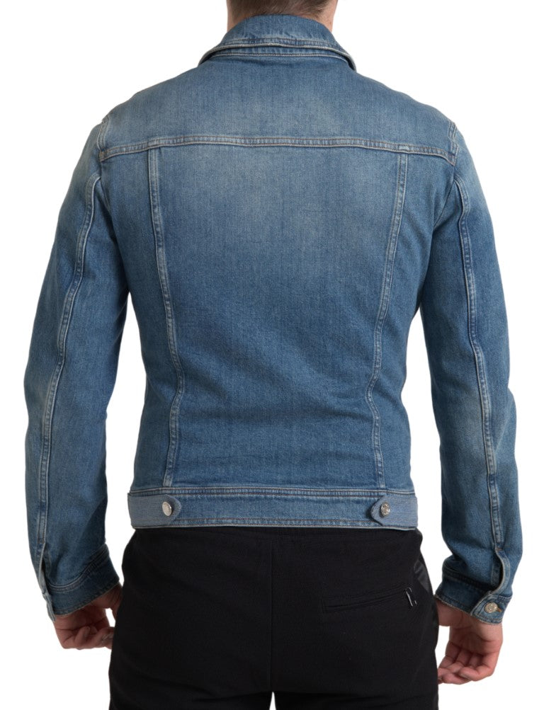 Blauw gewassen katoenen stretch denim herenjack