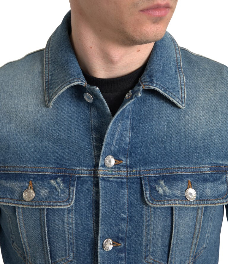 Blauw gewassen katoenen stretch denim herenjack