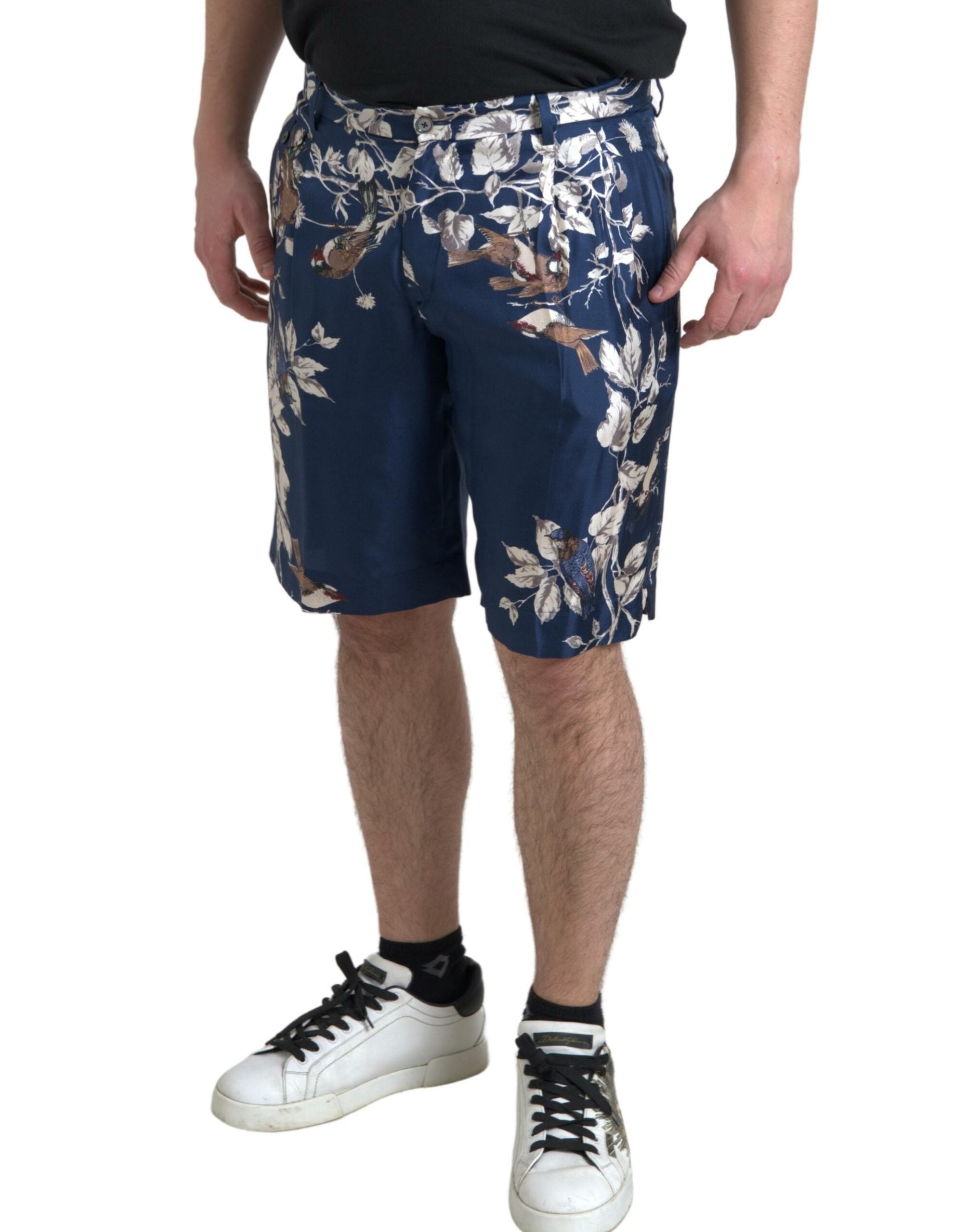 Blauwe bloemenprint zijden heren bermuda shorts