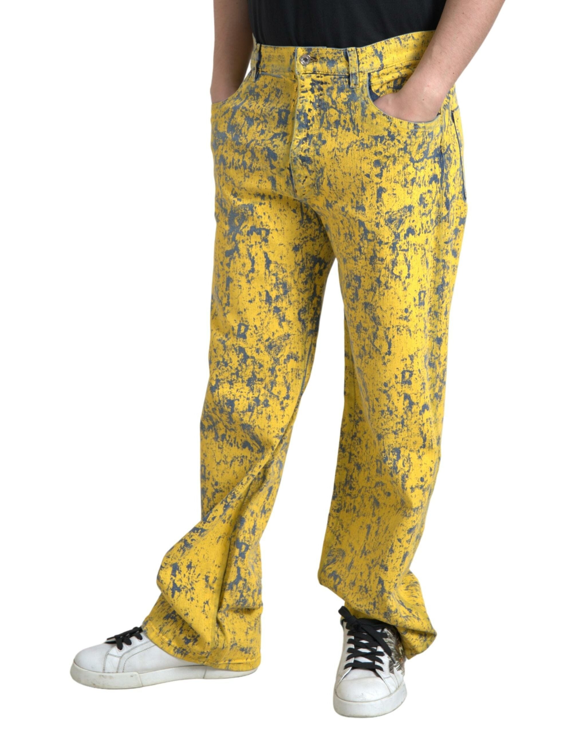 Gele katoenen tie-dye rechte denim jeans