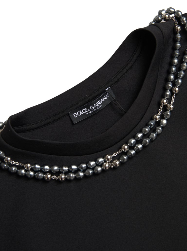 Zwart polyester T-shirt met kettingversiering