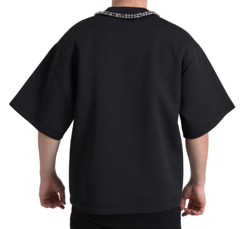 Zwart polyester T-shirt met kettingversiering