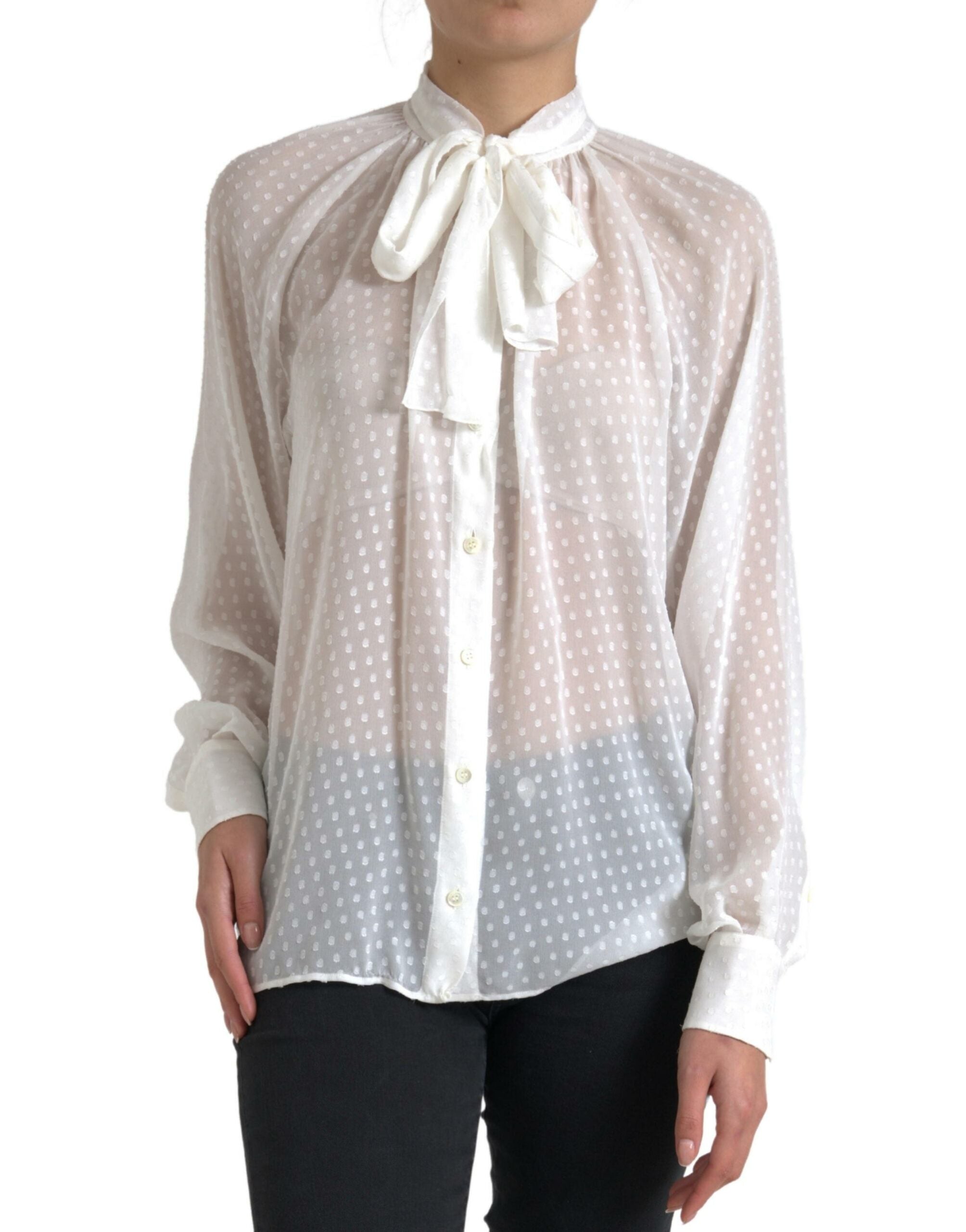 Witte zijden blouse met doorschijnende hals en stippenmotief